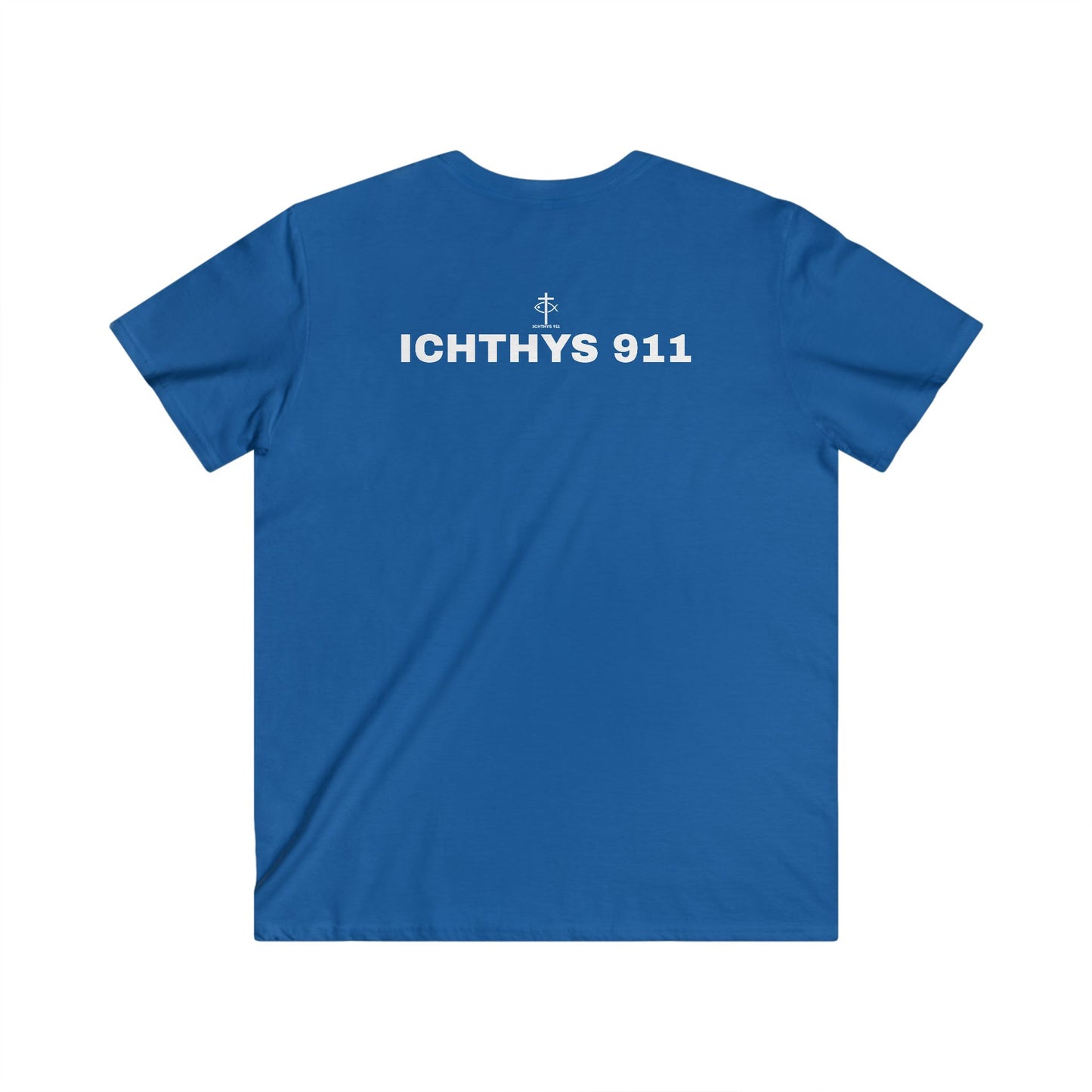 ICHTHYS 911 - White Font - "Authentic" - Men's Fitted V-Neck Tee - Casual Comfort for Everyday Wear