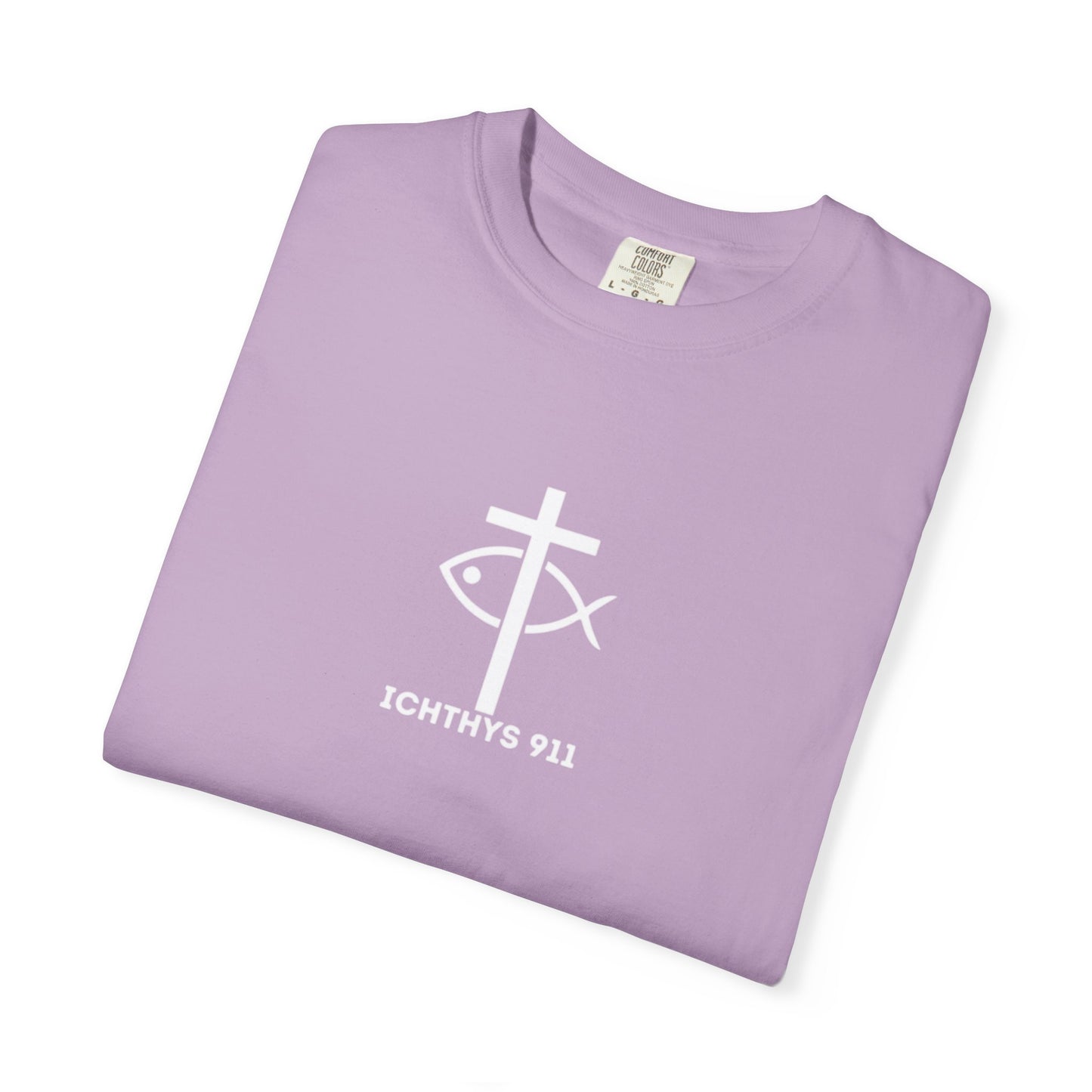 ICHTHYS 911 - White Font "Faith, Hope, & Love" - Garment Dyed - 100% US Cotton - Unisex T-Shirt - Men T-Shirt - Christian Women Tee - Faith-Inspired Shirt - Christian Fashion - Wear Your Faith - Additional Colors
