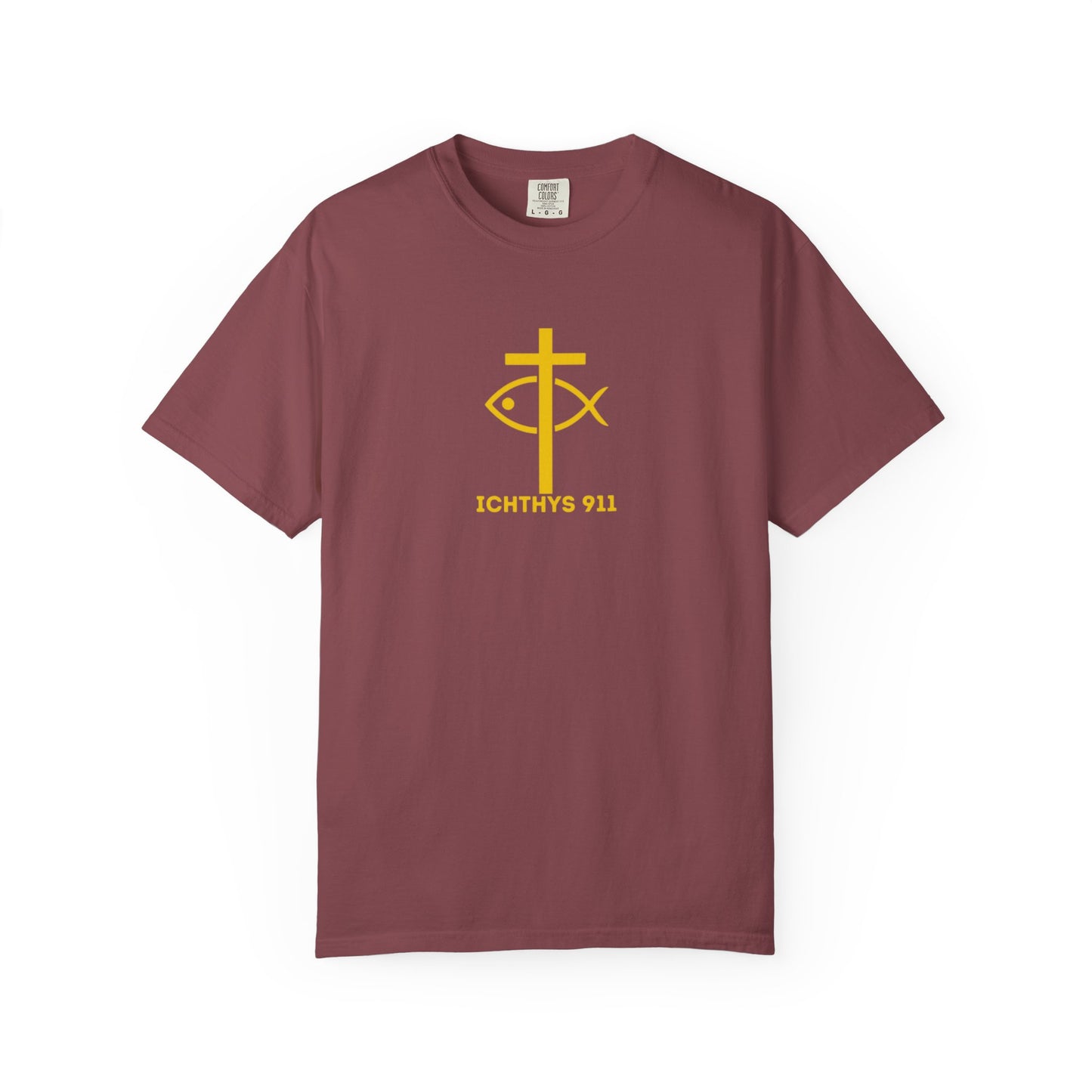 ICHTHYS 911 - "God Sees the Heart" Reverse' Gold Font - Unisex Garment - Dyed T-Shirt - 100% US Cotton - Men T-Shirt - Women T-Shirt - Inspirational Graphic T-Shirt for Everyday Motivation