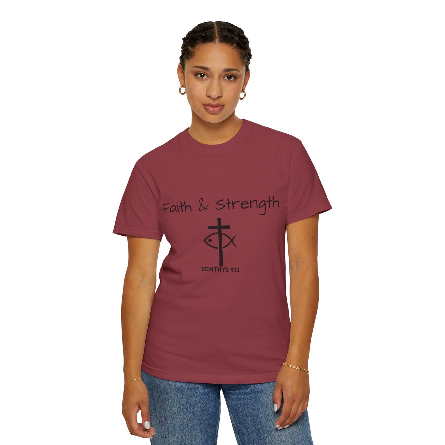 ICHTHYS 911 "Faith & Strength" Reverse - Black Font - Unisex Garment -Dyed Tee - 100% US Cotton - Men T-Shirt - Women T-Shirt - Inspirational Christian Shirt - Very Good Quality and Feel