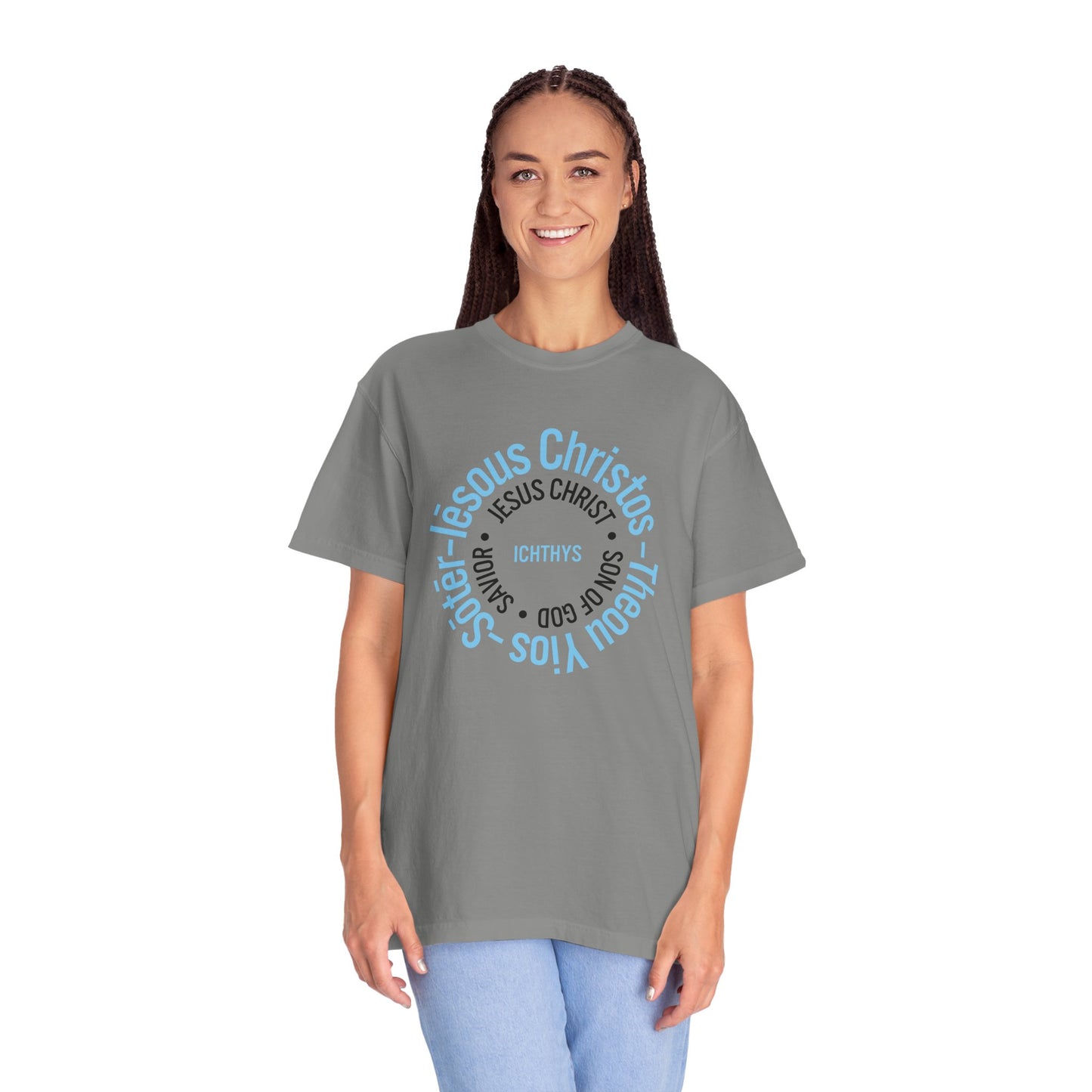 ICHTHYS 911 Blue & Black Font "Iēsous Christos, Theou Yios, Sōtēr" - Collection - Reverse Design - Unisex Garment Dyed - 100% US Cotton - Christian Graphic Tee - Gym - T - Christian Faith - Jesus Wear - Women T-Shirt - Men T-Shirt