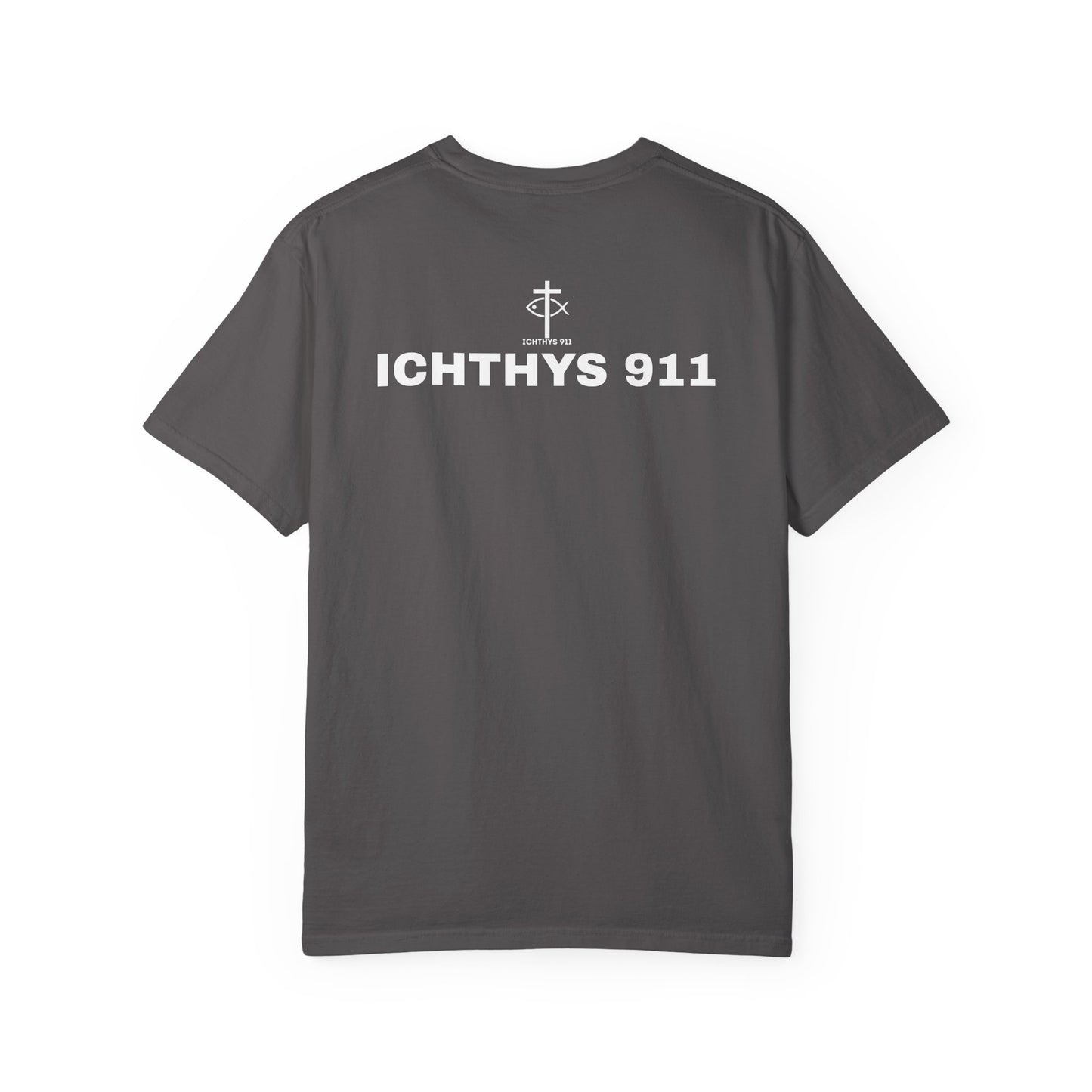ICHTHYS 911 - White Font "Authentic" - Unisex - Men T-Shirt - Women T-Shirt - Christian Streetwear T-Shirt - Jesus Gym & Faith Fashion, Unisex Garment-Dyed T-Shirt