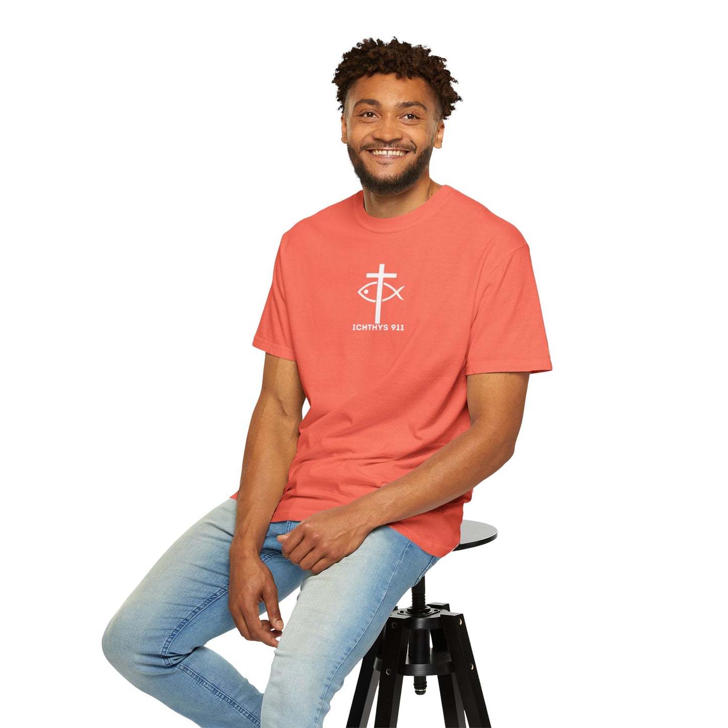 ICHTHYS 911 - White Font "Authentic" - Unisex - Men T-Shirt - Women T-Shirt - Christian Streetwear T-Shirt - Jesus Gym & Faith Fashion, Unisex Garment-Dyed T-Shirt