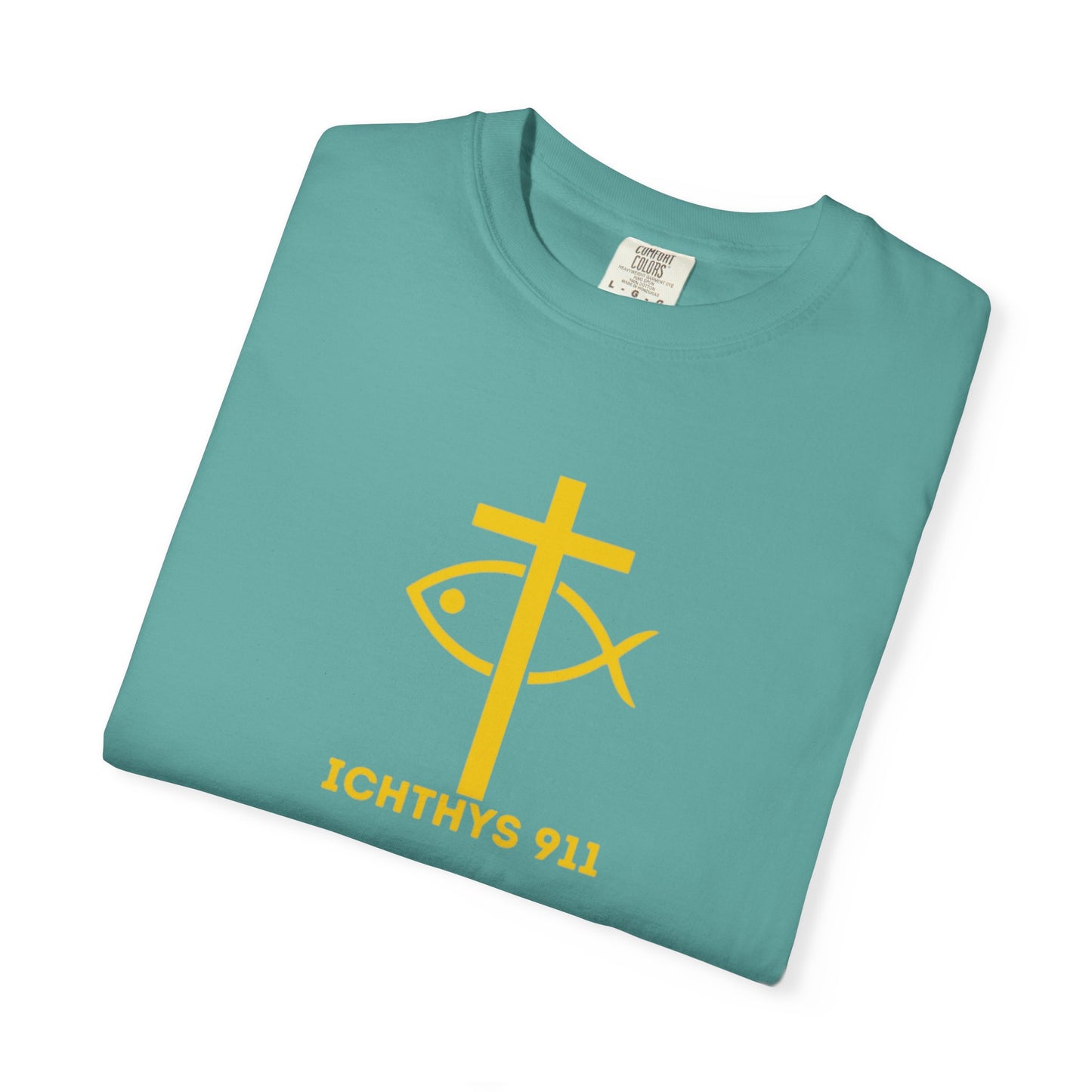 ICHTHYS 911 Gold Font "Faith, Hope, & Love" - Unisex Garment Dyed T-Shirt - 100# US Cotton - Men T-Shirt - Women T-Shirt - Christian T- Shirt -Faith-Inspired Shirt - Christian Fashion - Wear Your Faith