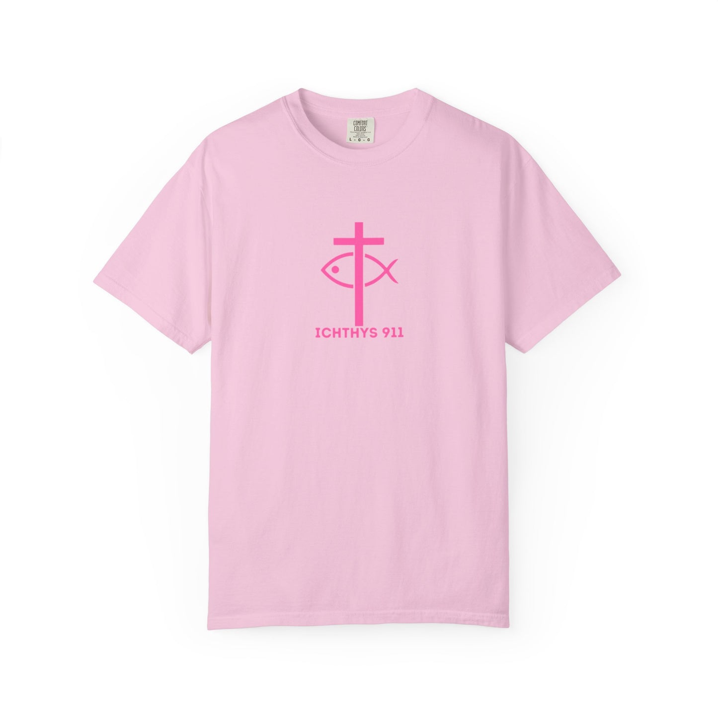 ICHTHYS 911 - "Authentic Design" - Pink Font - Unisex - Men T-Shirt - Women T-Shirt - Christian Streetwear T-Shirt – Jesus Gym & Faith Fashion, Unisex Garment-Dyed T-Shirt