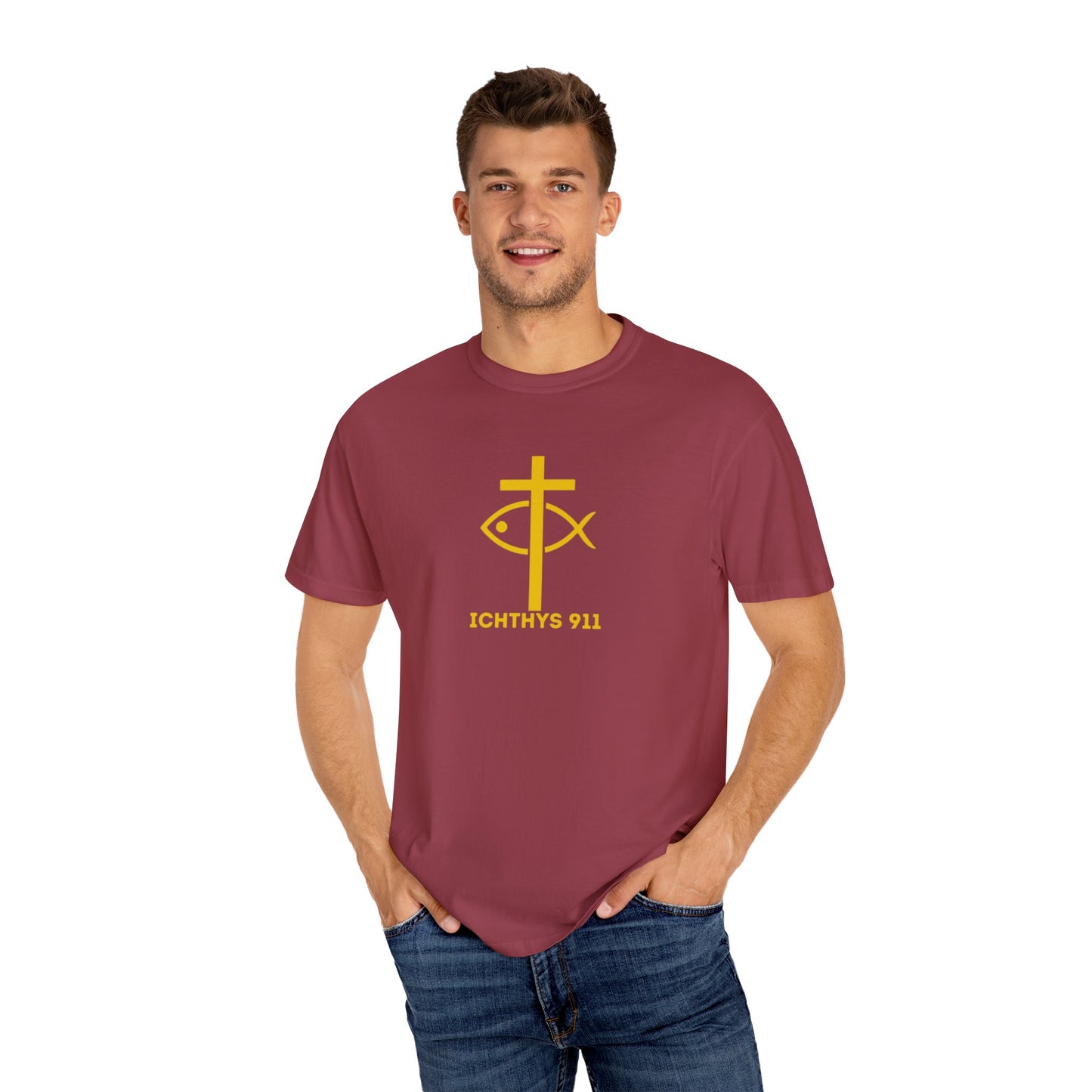 ICHTHYS 911 Gold Font "Faith, Hope, & Love" - Unisex Garment Dyed T-Shirt - 100# US Cotton - Men T-Shirt - Women T-Shirt - Christian T- Shirt -Faith-Inspired Shirt - Christian Fashion - Wear Your Faith