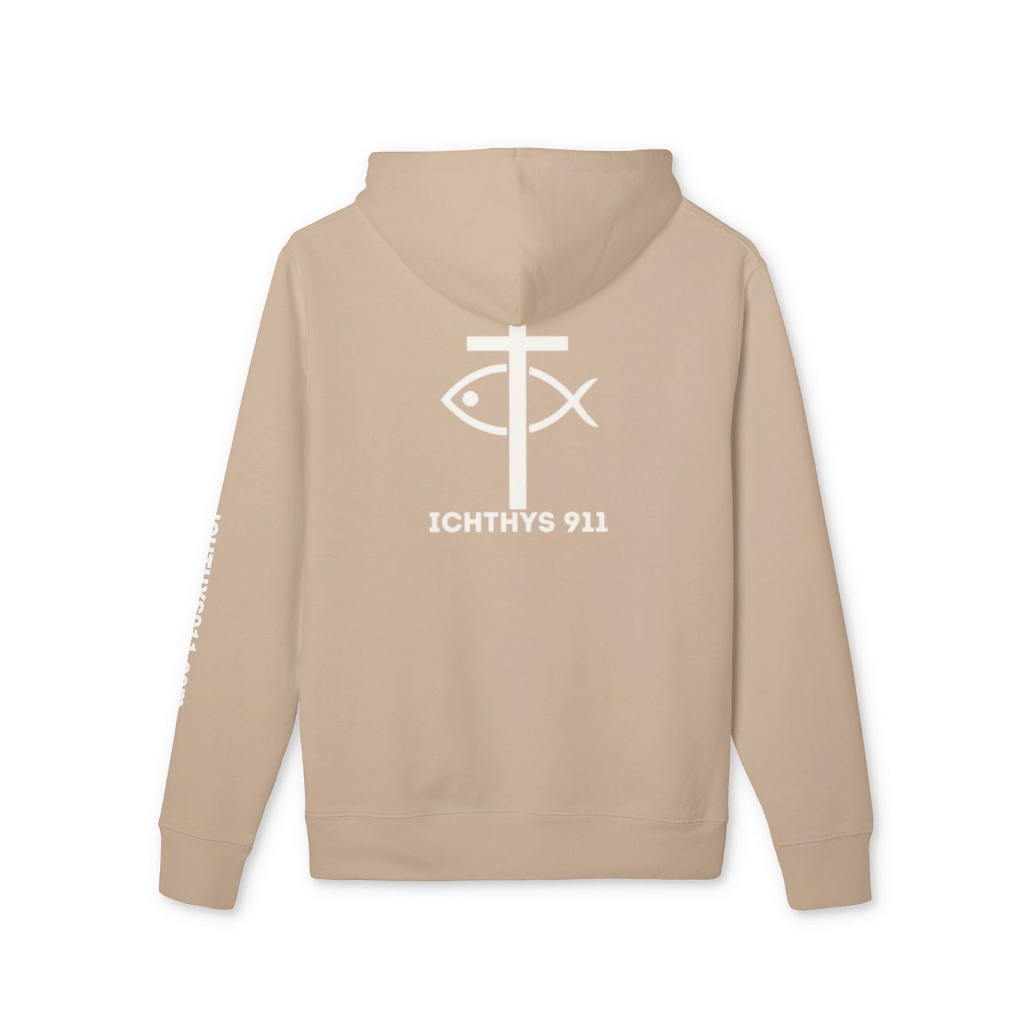 ICHTHYS 911 Hoodie – Unisex Pullover -White Font - Black Font on White - Heavy Fabric - ICHTHYS 911 Logo on Front & Back - 100% Organic