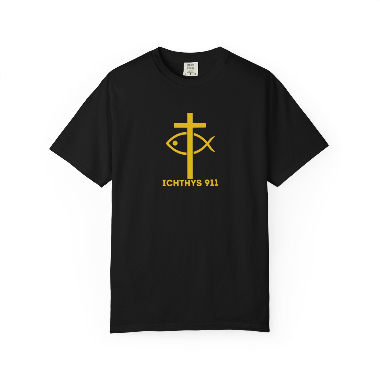 ICHTHYS 911 - "Jesus Christ Son of God Savior" - Gold Font - Unisex Garment Dyed T- Shirt - Men T-Shirt - Women T-Shirt - Christian Streetwear T-Shirt – Jesus Gym & Faith Fashion
