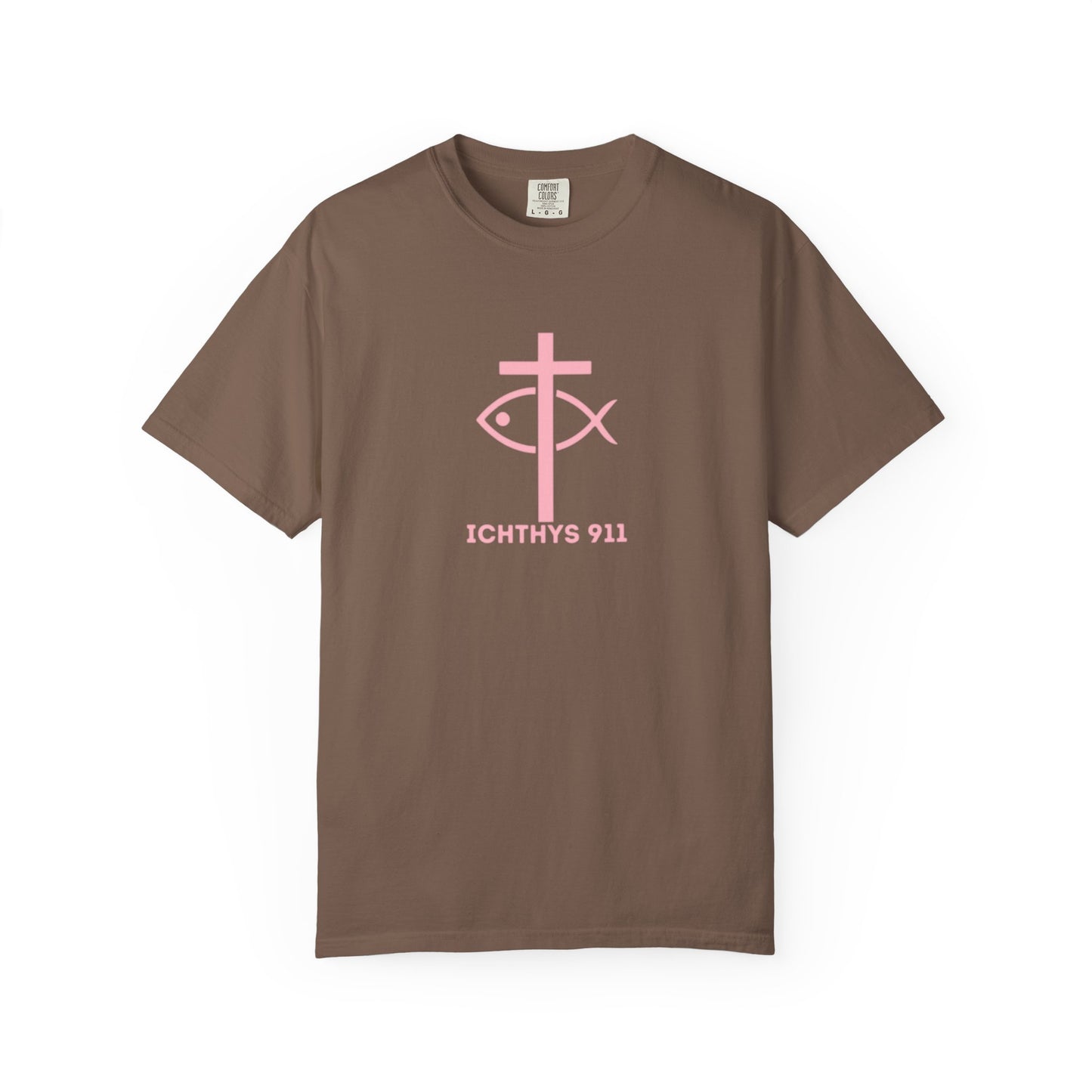 ICHTHYS 911 - Authentic - Christian Streetwear T-Shirt / Sweatshirt – Jesus Gym & Faith Fashion, Unisex Garment-Dyed T-Shirt Soft Pink Font
