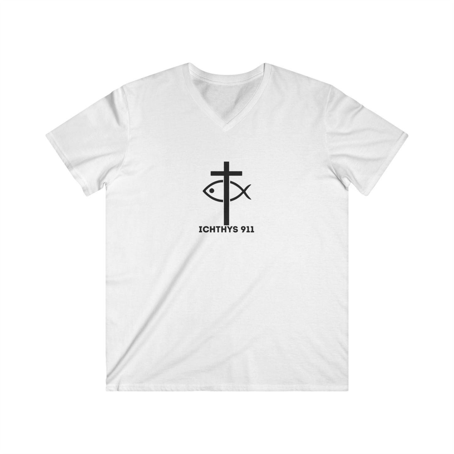 ICHTHYS 911 - White Font - "Iēsous Christos, Theou Yios, Sōtēr" - Men's Fitted V-Neck Tee with Inspirational Design - Perfect for Faith and Casual Wear
