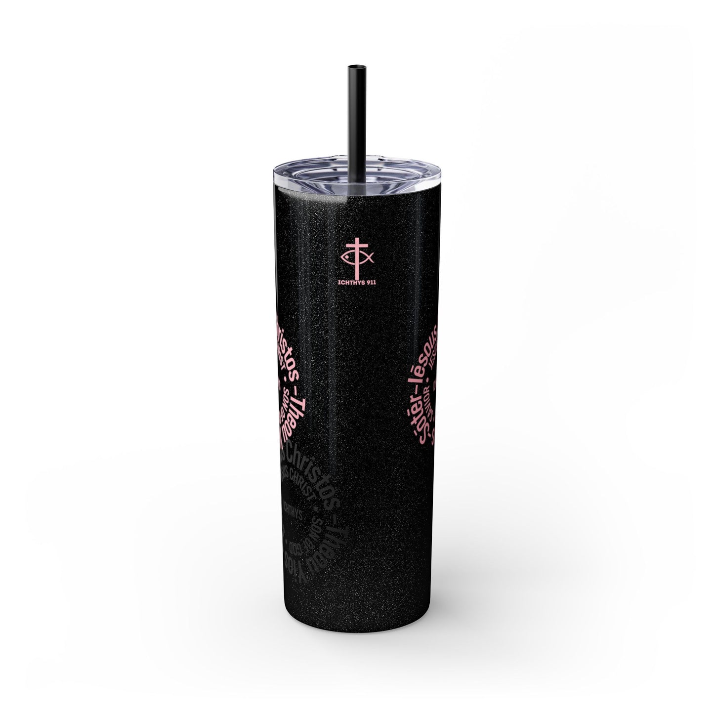 ICHTHYS 911 Black Font - Faith-Inspired Skinny Tumbler with Straw - 20oz - Faith