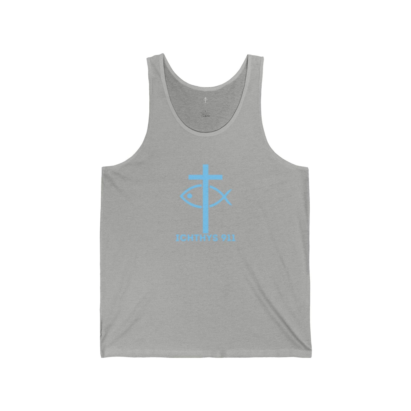 Iēsous Christos, Theou Yios, Sōtēr = Jesus Christ Son of God Savior  Blue Font - Men Tank - Women -Tank Top - Unisex Tank Top - Christian - ICHTHYS 91 Design Tee - Gym Gear - Faith Fashion