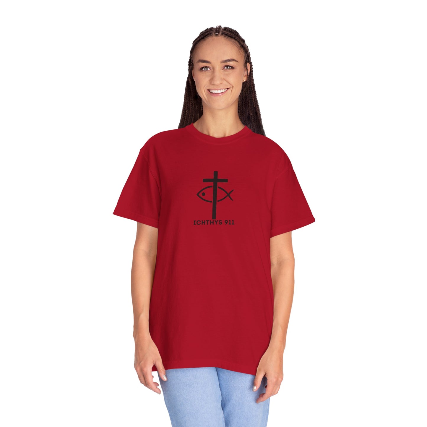 ICHTHYS 911 - Black Font "Faith & Strength" - Unisex Garment Dyed T- Shirt - 100% US Cotton - Men T-Shirt - Women T-Shirt - Inspirational Graphic T-Shirt for Everyday Motivation - Women T-Shirt - Soft T