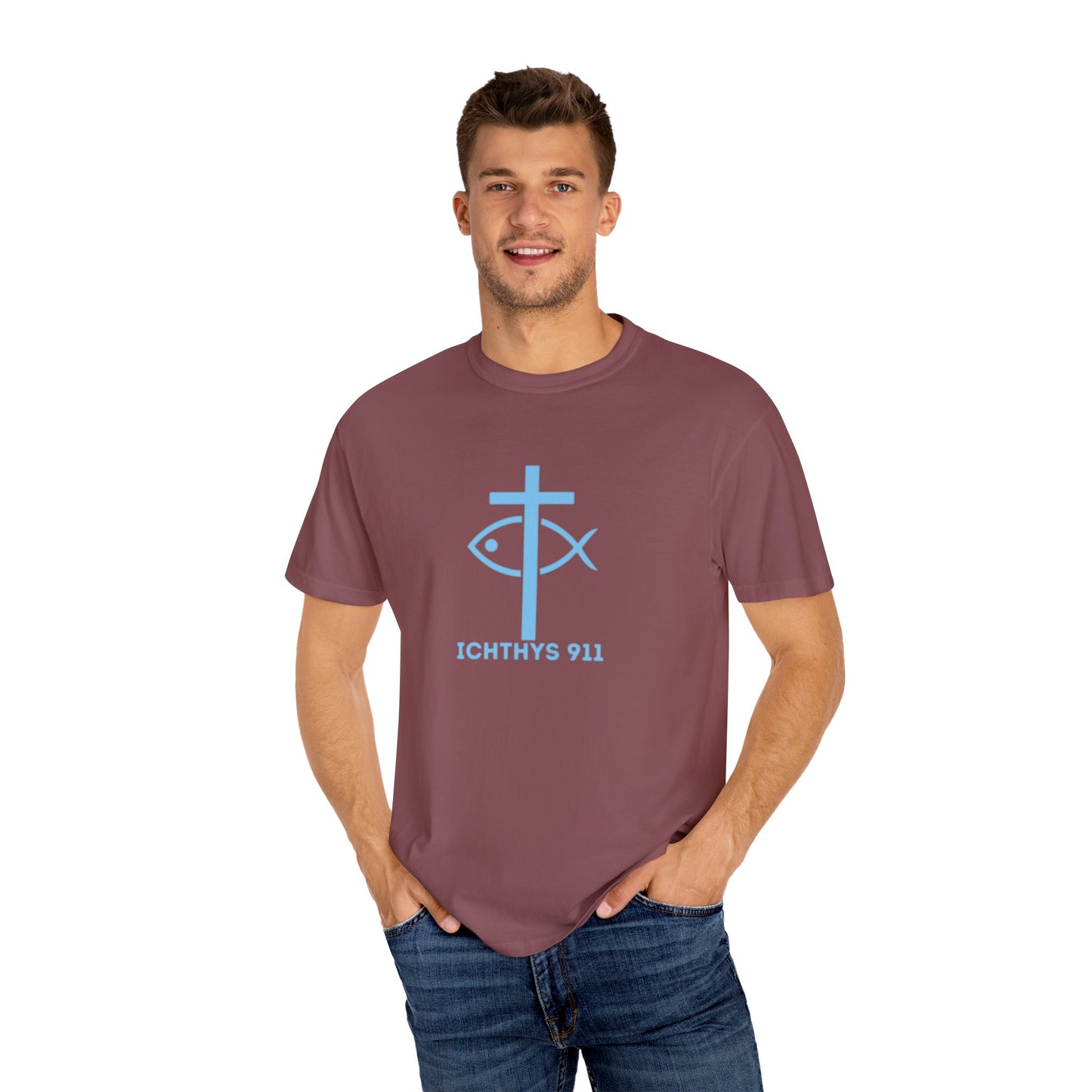ICHTHYS 911 "Strength Through Christ Philippians 4:13" - Blue Font - Unisex Garment Dyed T- Shirt - 100% US Cotton -Men T-Shirt - Women T-Shirt- Christian Activewear - Wear Your Faith