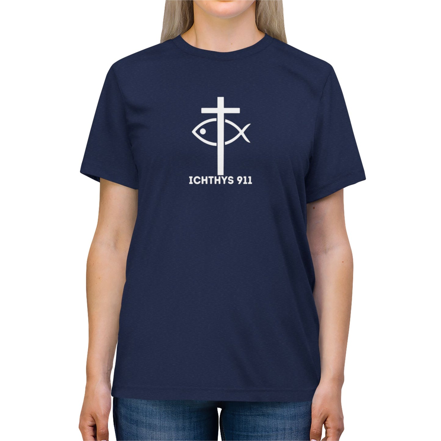 ICHTHYS 911 - White Font - "Iēsous Christos, Theou Yios, Sōtēr" - Faith-Inspired Unisex Tri-blend Tee- Graphic Shirt - Unisex - Women -T - Men -T