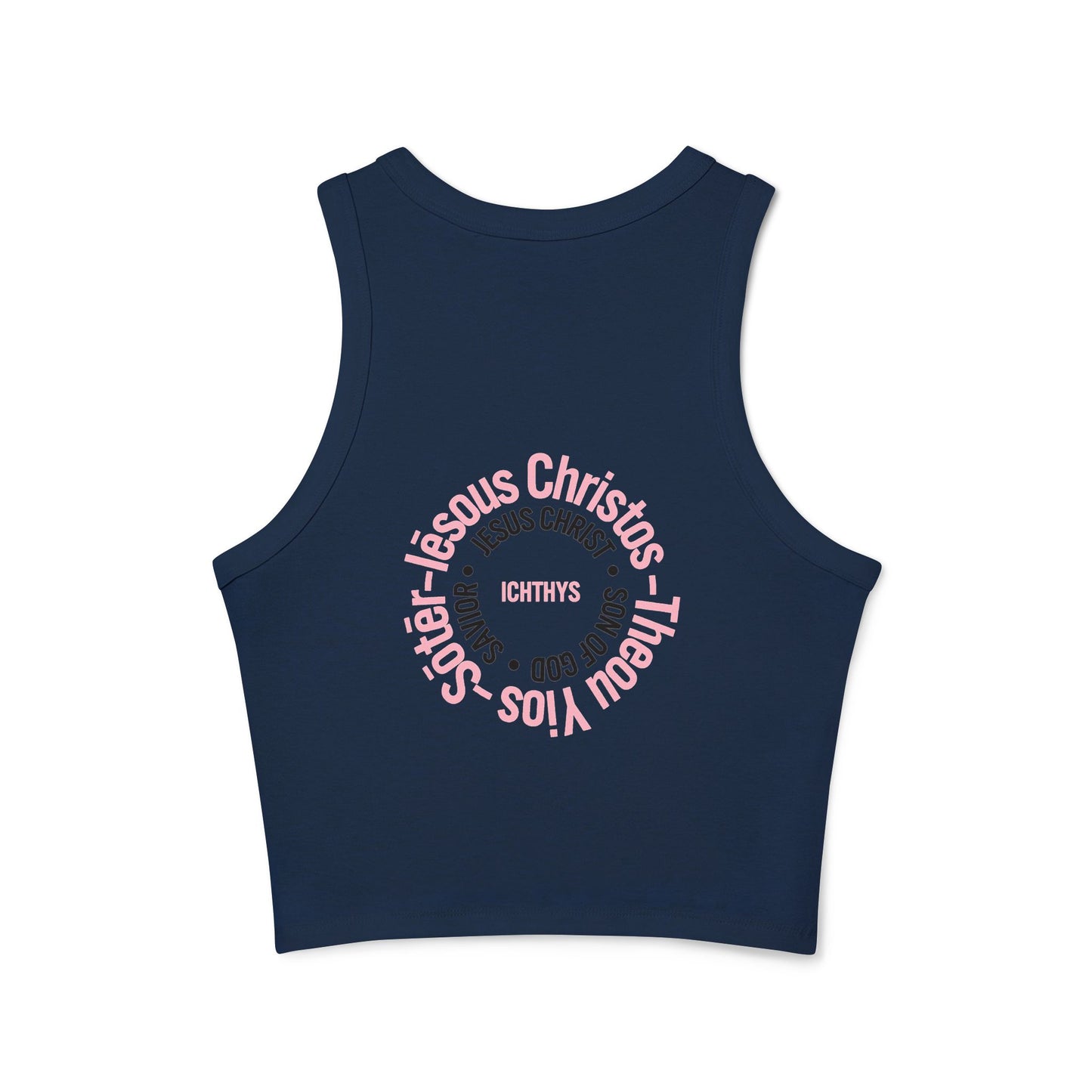 ICHTHYS 911 - Pink & Black Font "Iēsous Christos, Theou Yios, Sōtēr" - Faith-Inspired Women's Micro Rib Racer Tank Top - Cute Jesus Christ Design - Women Tank - Christian - Work Out