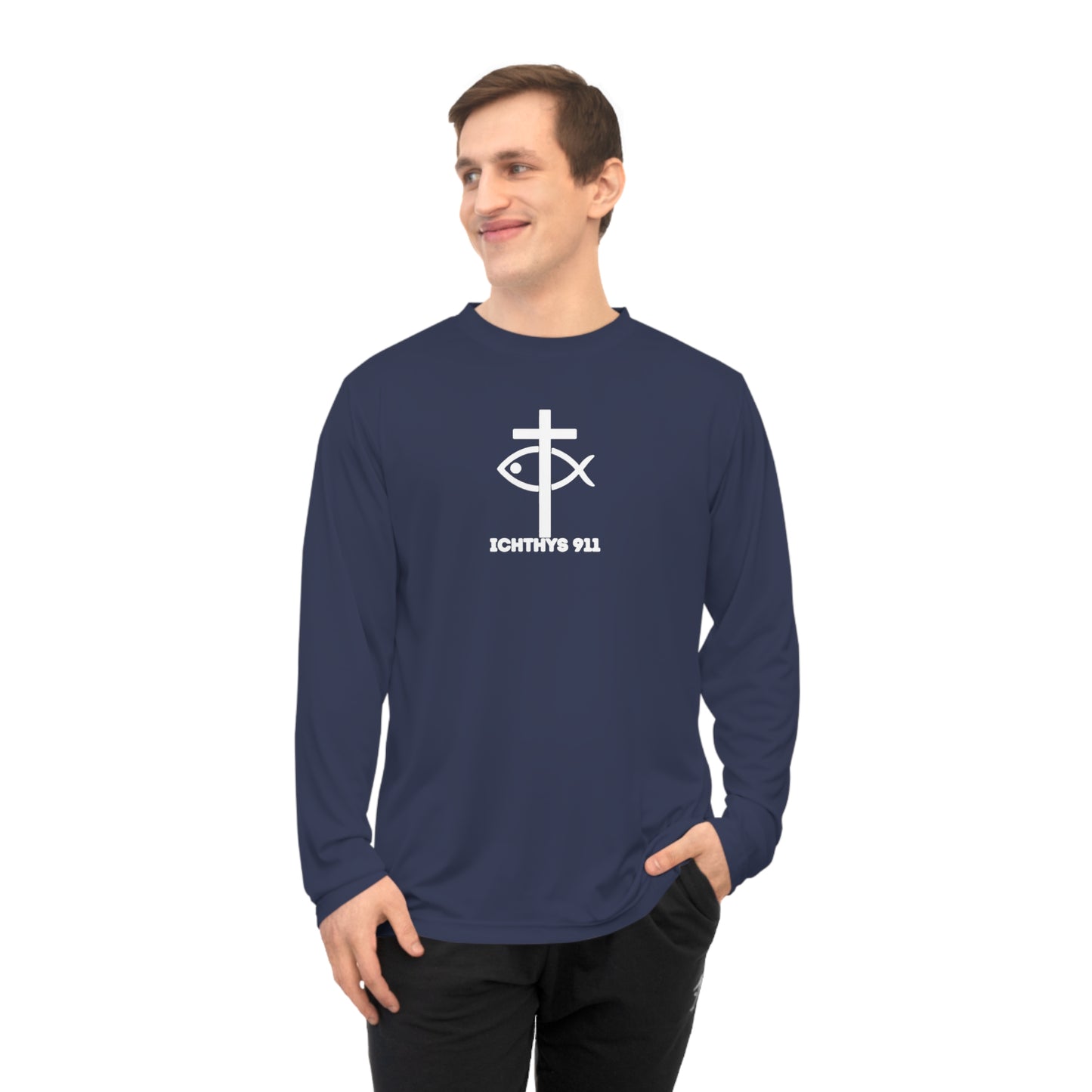 ICHTHYS 911 "Faith & Strength" White Font - Unisex Performance Long Sleeve Shirt - Christian Activewear - Men - Women -100% Moisture-Wicking Poly