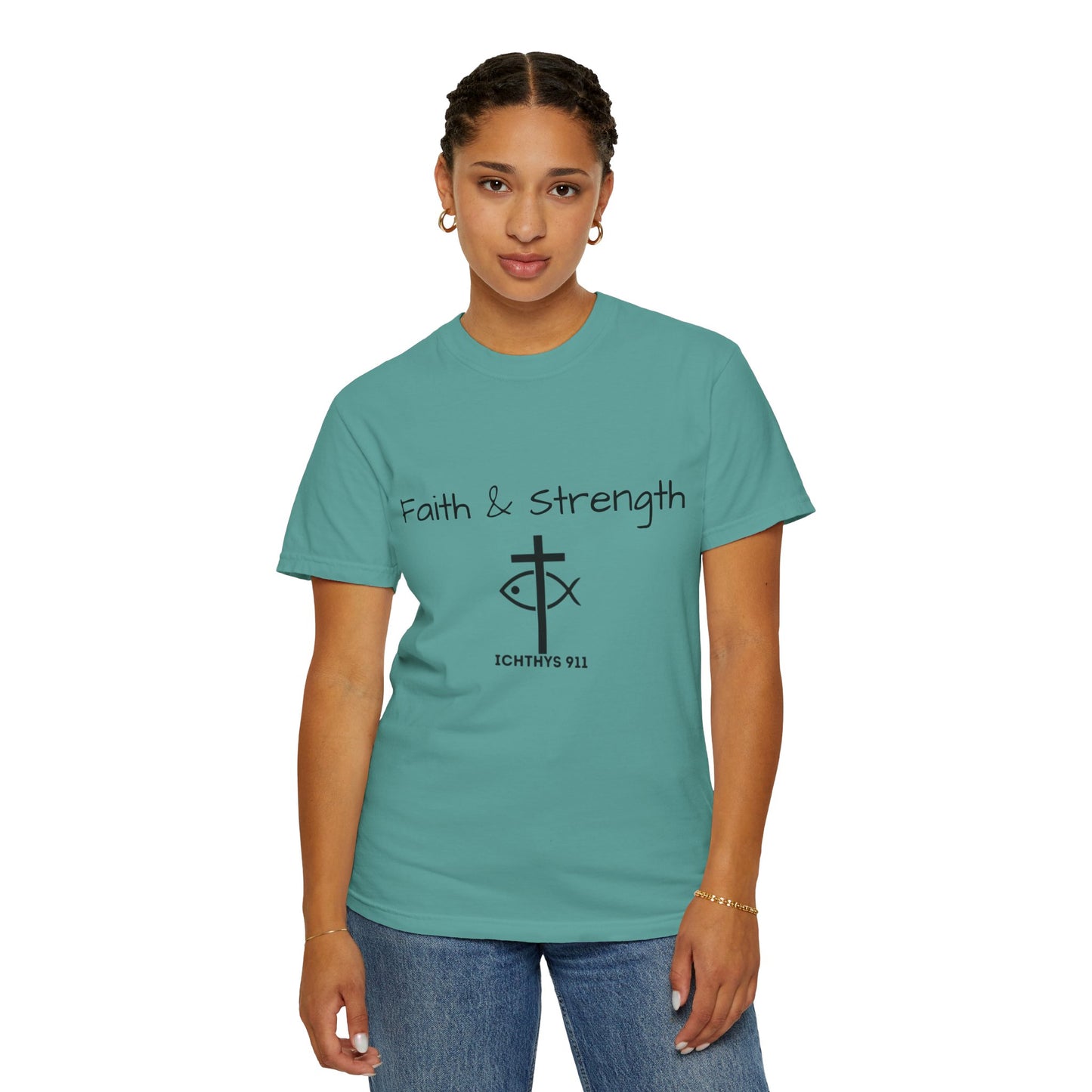 ICHTHYS 911 "Faith & Strength" Reverse - Black Font - Unisex Garment -Dyed Tee - 100% US Cotton - Men T-Shirt - Women T-Shirt - Inspirational Christian Shirt - Very Good Quality and Feel