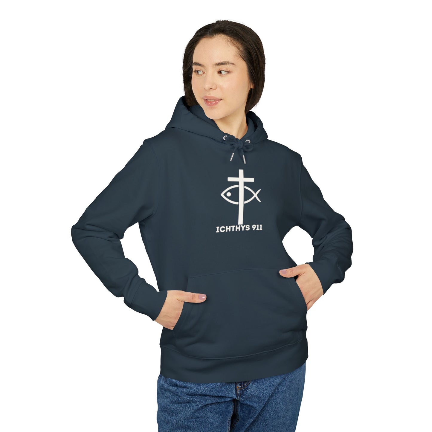 ICHTHYS 911 Hoodie – Unisex Pullover -White Font - Black Font on White - Heavy Fabric - ICHTHYS 911 Logo on Front & Back - 100% Organic