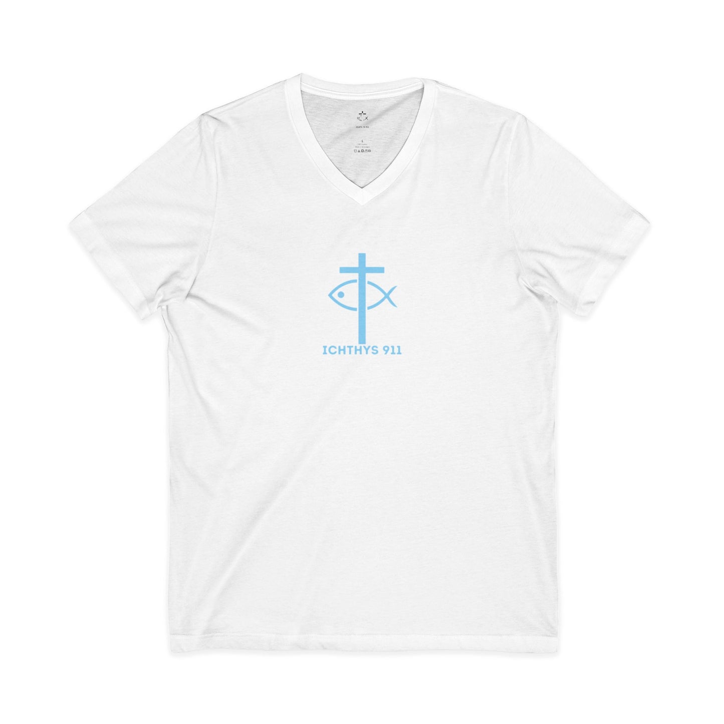 Jesus Is His Name, Saving Souls For Eternity is His Game - Blue Font - V-Neck - Unisex -Men T-Shirt - Women T-Shirt - Christian T - Faith-Inspired Unisex V-Neck Tee - Perfect for Christians - ICHTHYS 911 Design