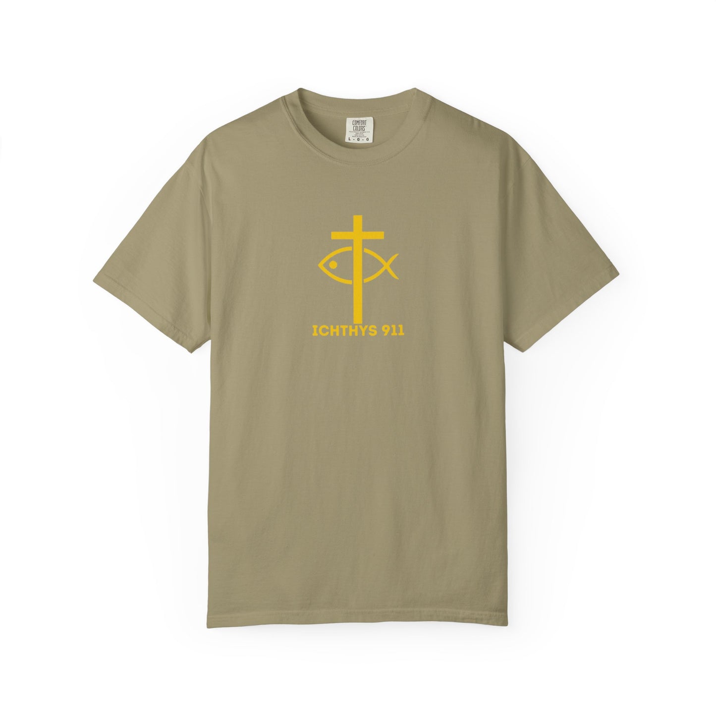 ICHTHYS 911 - "God Sees the Heart" Reverse' Gold Font - Unisex Garment - Dyed T-Shirt - 100% US Cotton - Men T-Shirt - Women T-Shirt - Inspirational Graphic T-Shirt for Everyday Motivation