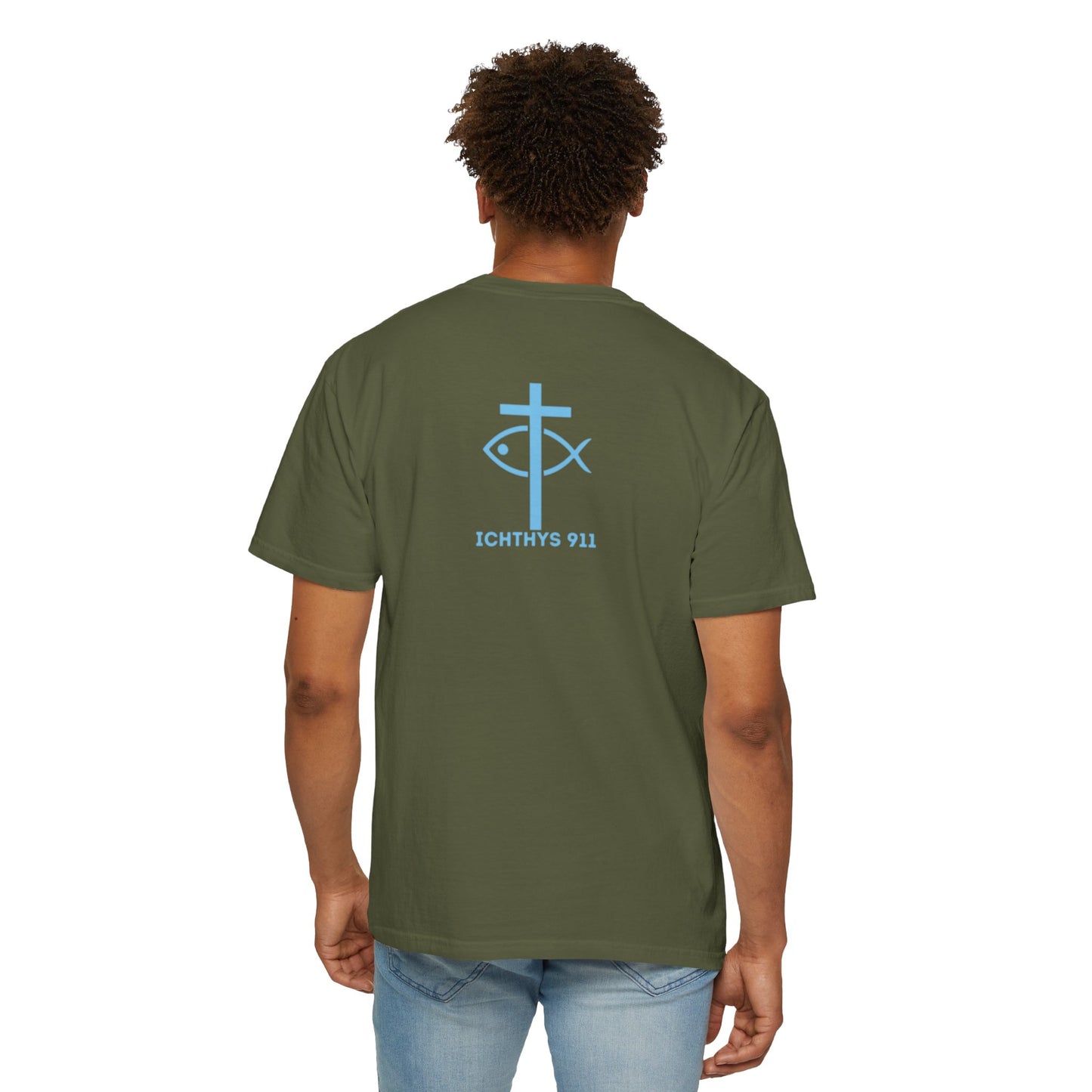 ICHTHYS 911 Blue Font "Iēsous Christos, Theou Yios, Sōtēr" - Reverse - Collection - Unisex - Christian Graphic Tee - Gym - T - Christian Faith - Jesus Wear - Women T-Shirt - Men T-Shirt