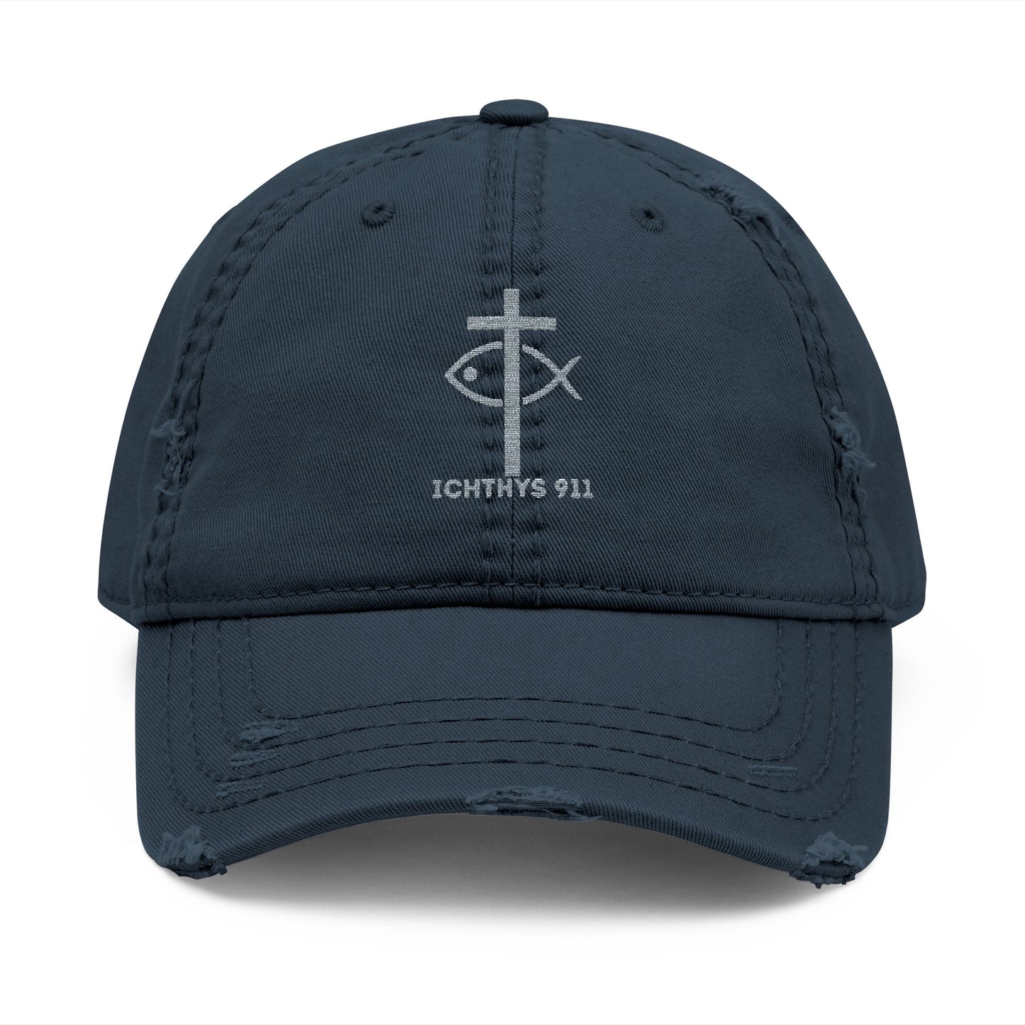 ICHTHYS 911 Embroidered Design - Distressed Hat with Casual Fashion - Accessory for Everyday Wear - ICHTHYS 911 Collection - This hat is very soft - Short stance - Everyone is loving this hat