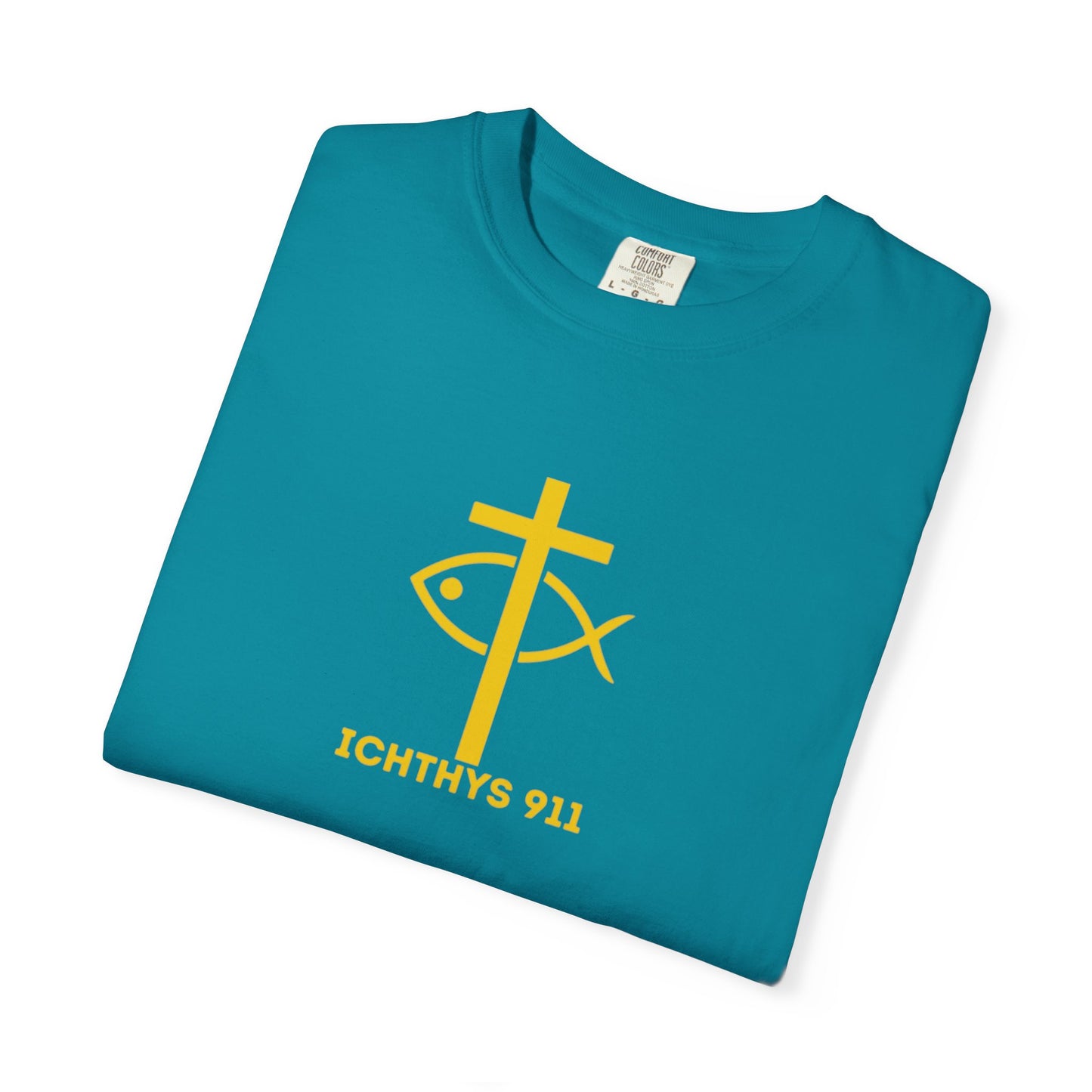 ICHTHYS 911 - "God Sees the Heart" Reverse' Gold Font - Unisex Garment - Dyed T-Shirt - 100% US Cotton - Men T-Shirt - Women T-Shirt - Inspirational Graphic T-Shirt for Everyday Motivation