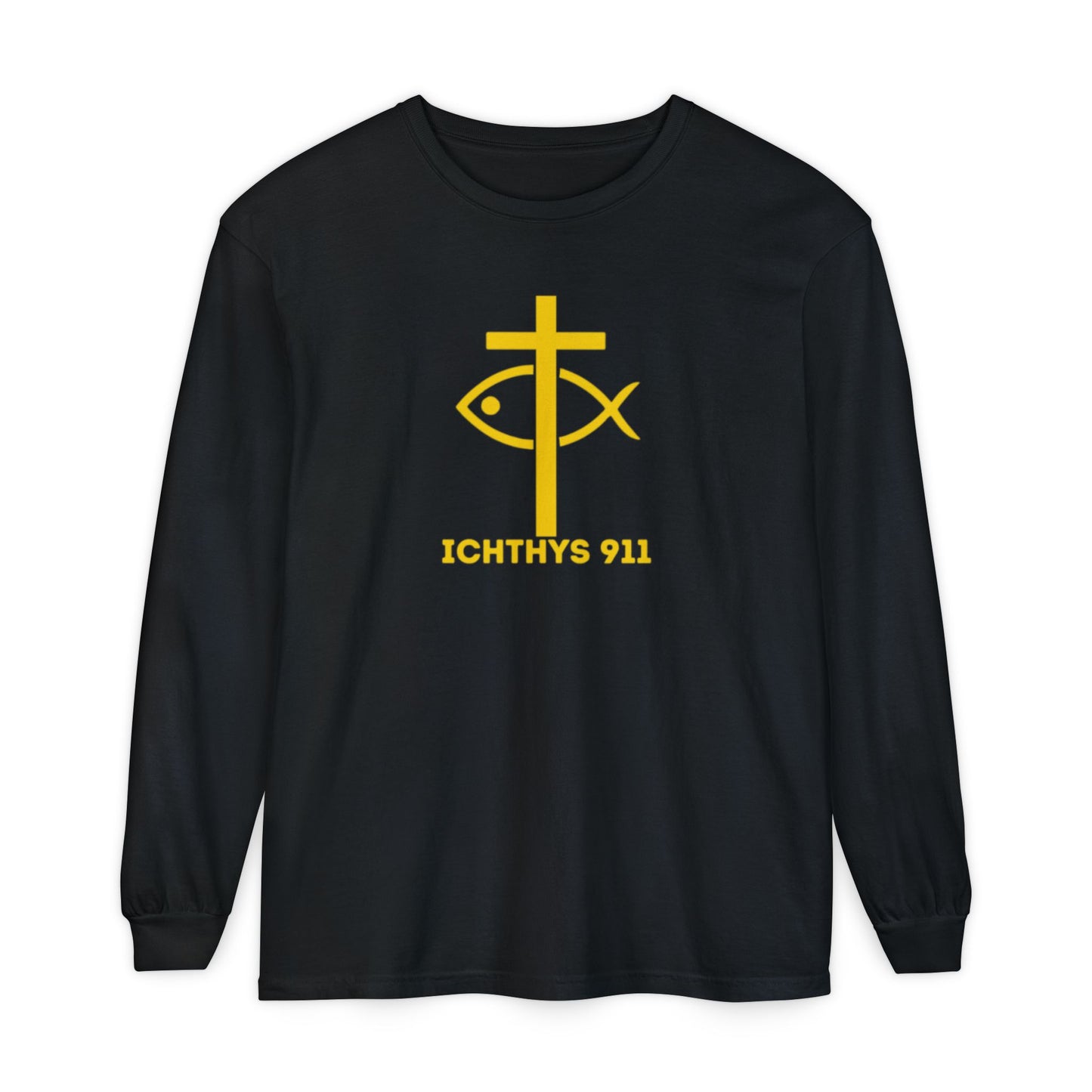 Authentic ICHTHYS 911 Collection -  Gold Font - Unisex Garment Dyed Long Sleeve T-Shirt - Men Long Sleeve - Women Long Sleeve - Christian Faith Symbol Tee - Faith Inspired