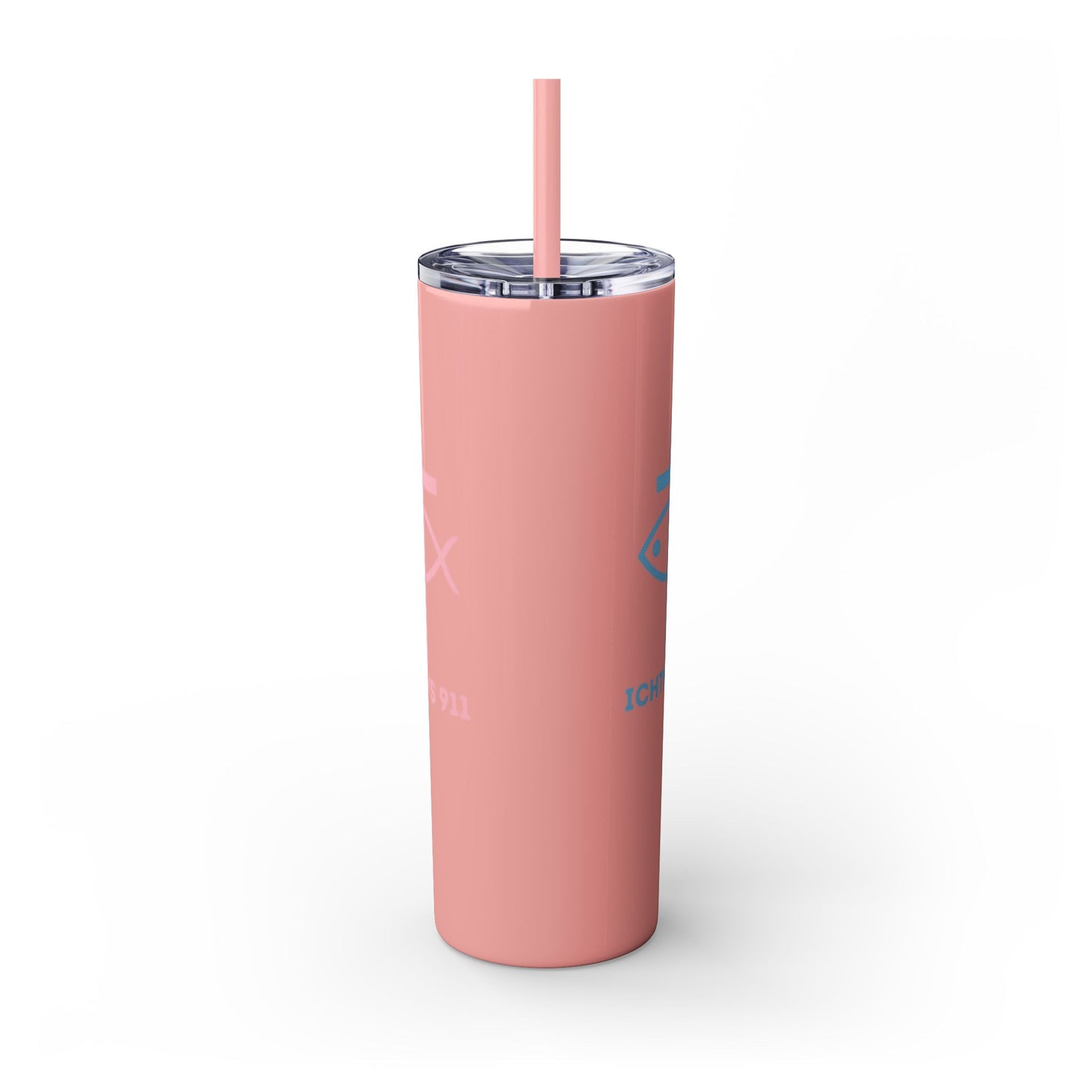 ICHTHYS 911 Pink & Blue Faith-Inspired Skinny Tumbler with Straw - 20oz Baby Shower Drip - Party Favor