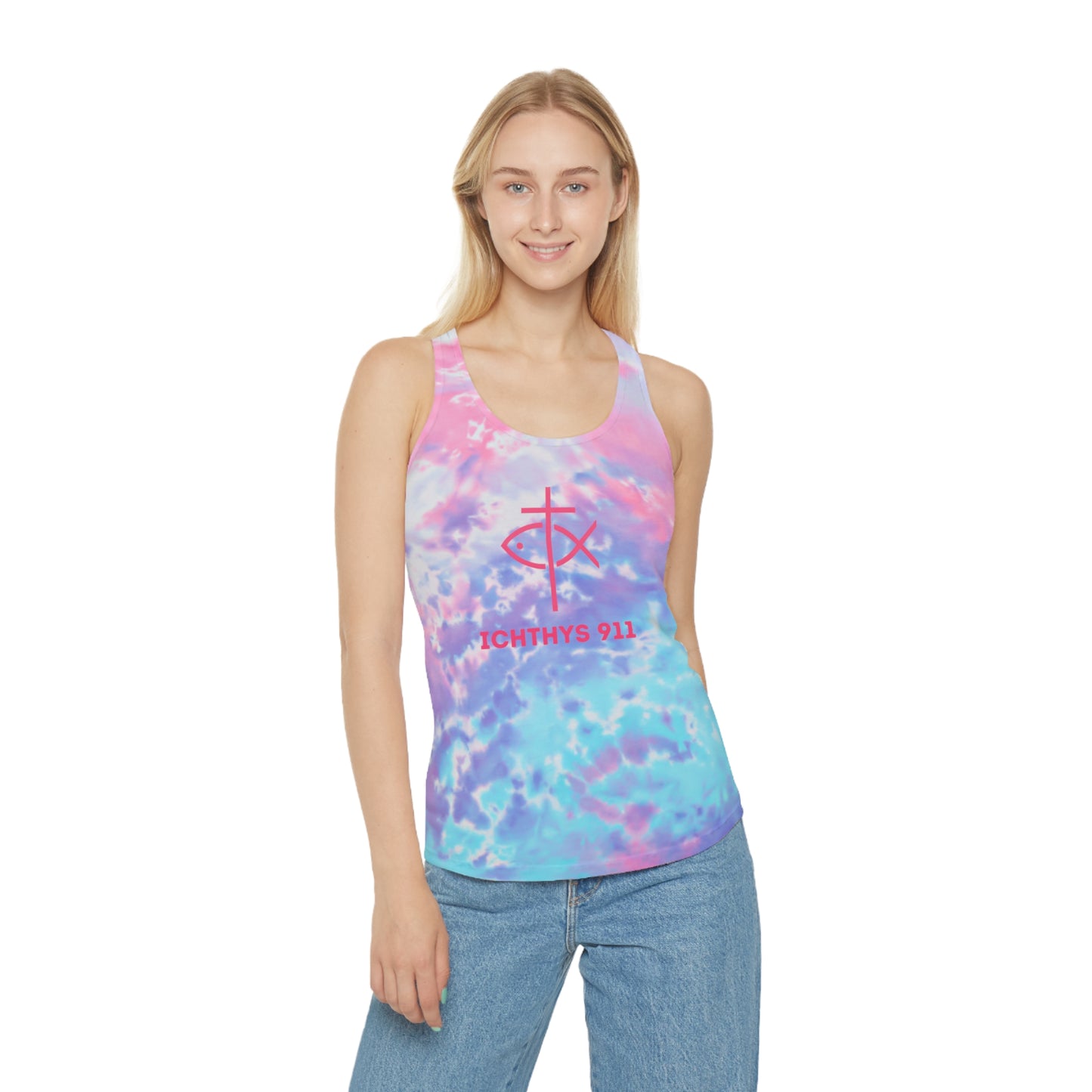 ICHTHYS 911 Tie Dye Racerback Tank Top – Chill Summer Vibes for Faithful Living - Wear Your Christian Faith