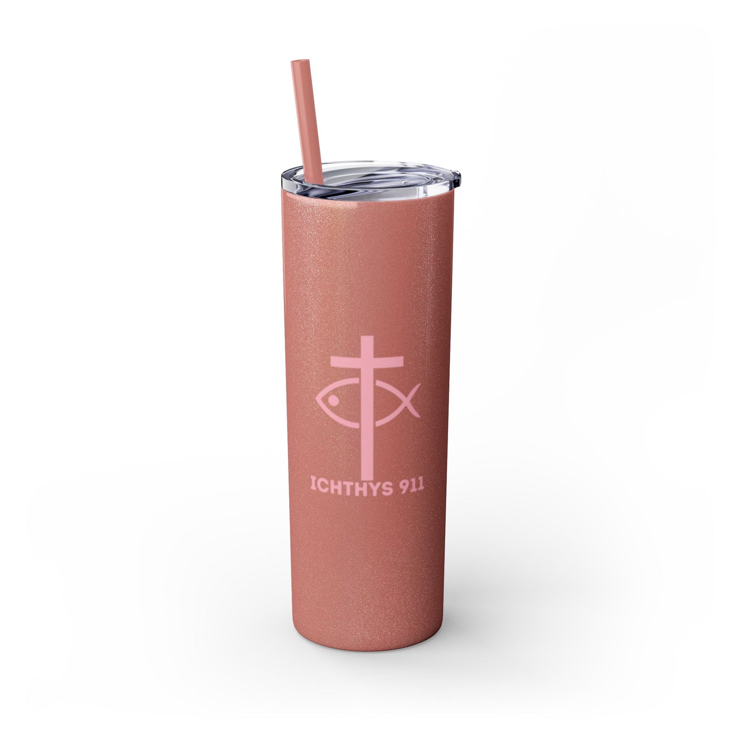 ICHTHYS 911 Pink Font Faith-Inspired Skinny Tumbler with Straw - 20oz