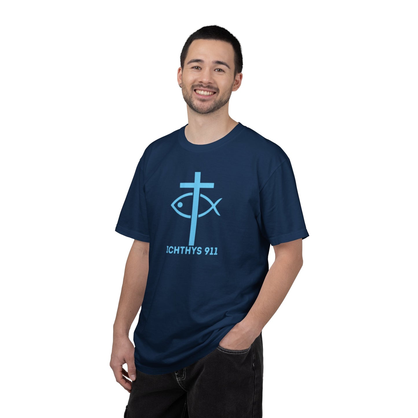 Authentic - Christian Streetwear T-Shirt – Jesus Gym & Faith Fashion, Unisex Garment-Dyed T-Shirt Blue Font - ICHTHYS 911