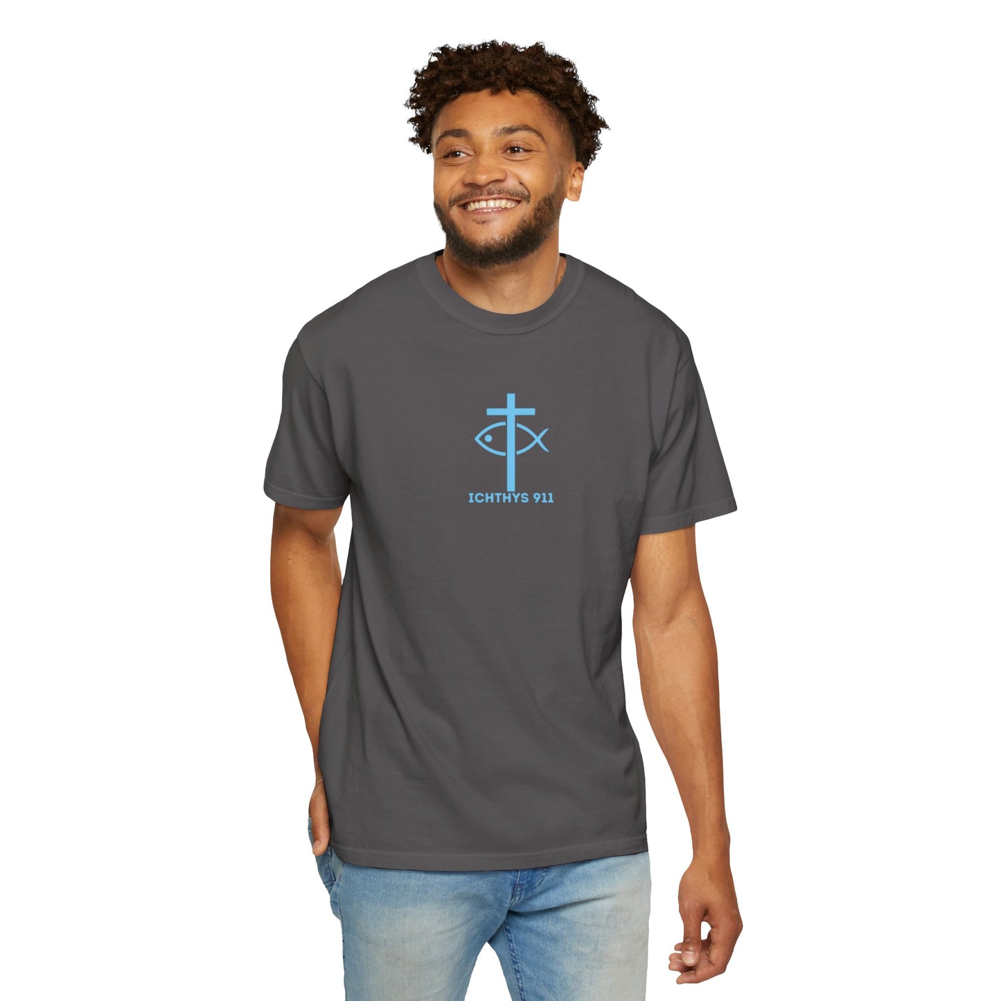 ICHTHYS 911 - "Jesus Christ Son of God Savior" Blue Font - Christian Streetwear T-Shirt – Jesus Gym & Faith Fashion, Unisex Garment-Dyed T-Shirt Blue Font