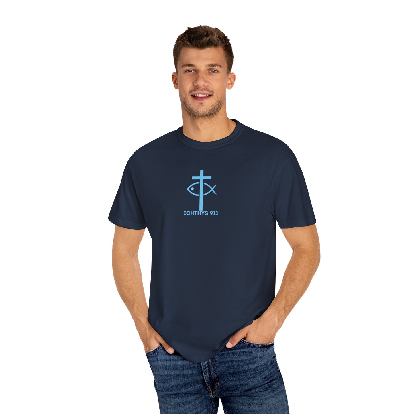 ICHTHYS 911 - "Jesus Christ Son of God Savior" Blue Font - Additional Colors - Christian Streetwear T-Shirt – Jesus Gym & Faith Fashion, Unisex Garment-Dyed T-Shirt Blue Font