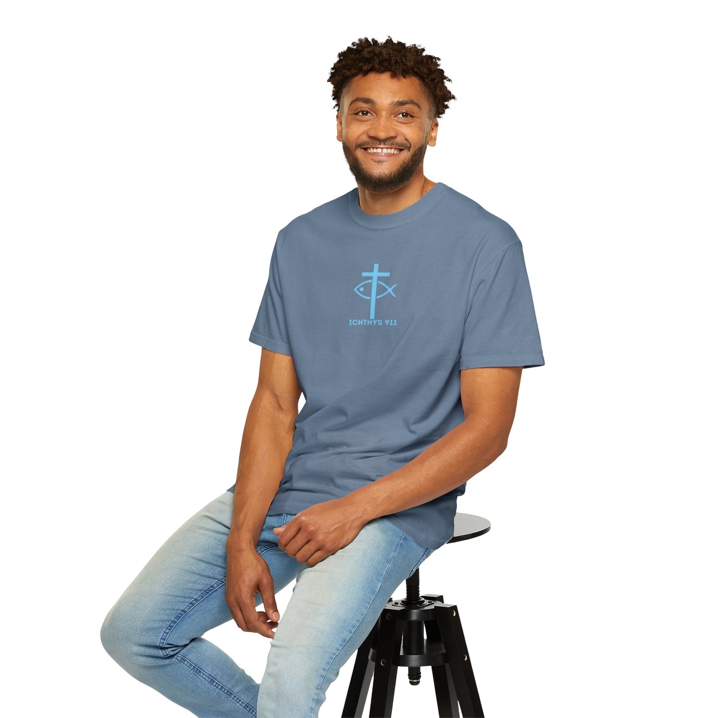 ICHTHYS 911 - "Jesus Christ Son of God Savior" Blue Font - Christian Streetwear T-Shirt – Jesus Gym & Faith Fashion, Unisex Garment-Dyed T-Shirt Blue Font