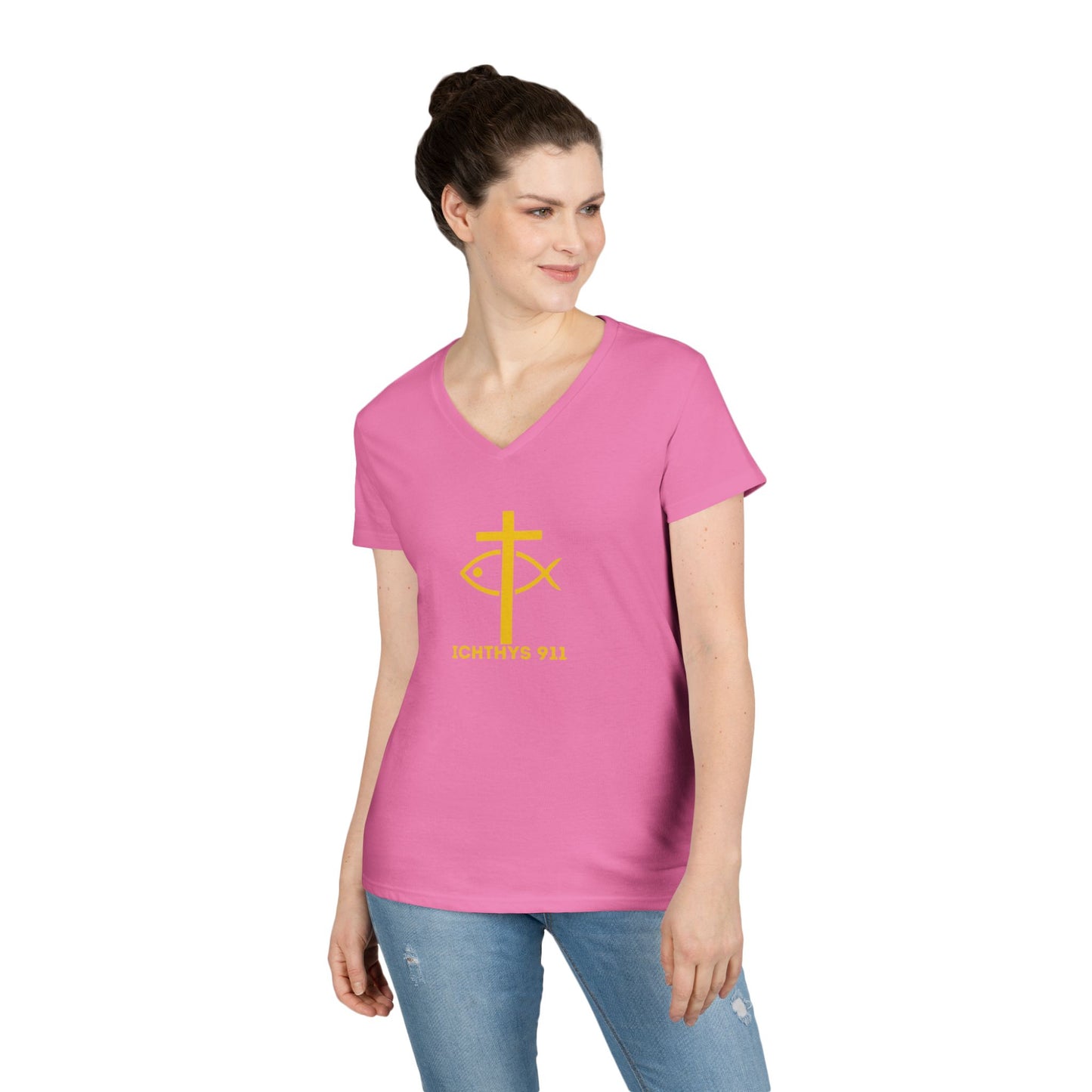 God Sees The Heart Gold Font Women’s Faith-Inspired V-Neck T-Shirt - ICHTHYS 911 Design911 Design