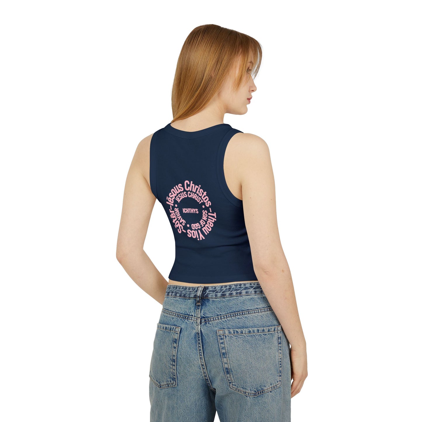 Iēsous Christos, Theou Yios, Sōtēr - Pink Font Faith-Inspired Women's Micro Rib Racer Tank Top - Cute Jesus Christ Design - Women Tank - Christian - Work Out - ICHTHYS 911 Design