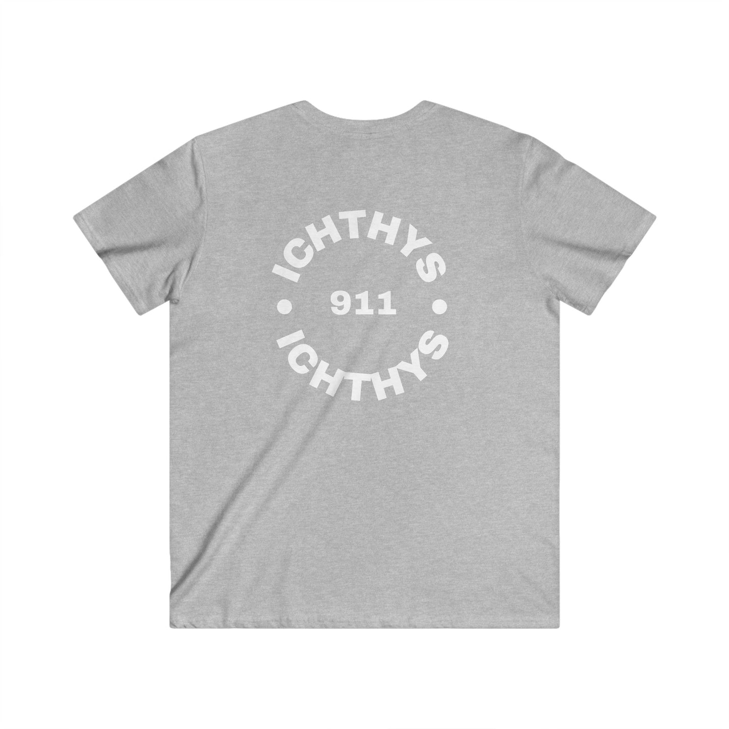 Authentic Round Collection - Men's Fitted V-Neck Short Sleeve T - Shirt - Faith-Inspired - Christian Faith - White Font - ICHTHYS 911 -