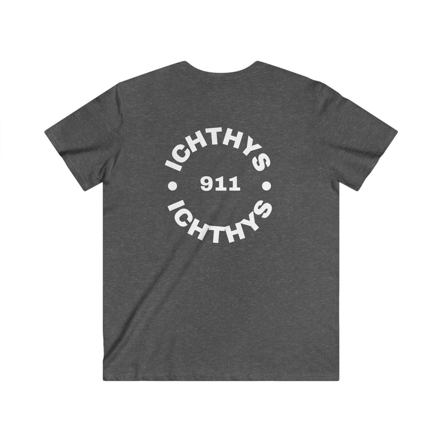 Authentic Round Collection - Men's Fitted V-Neck Short Sleeve T - Shirt - Faith-Inspired - Christian Faith - White Font - ICHTHYS 911 -
