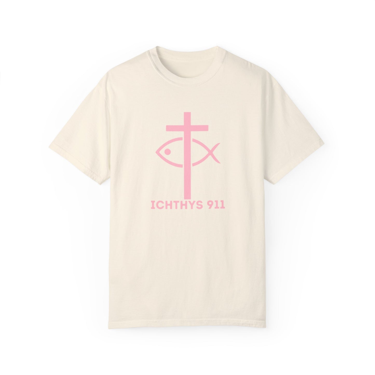 ICHTHYS 911 - Authentic - W/O IC 911 on Back -Christian Streetwear T-Shirt – Jesus Gym & Faith Fashion, Unisex Garment-Dyed T-Shirt Soft Pink Font
