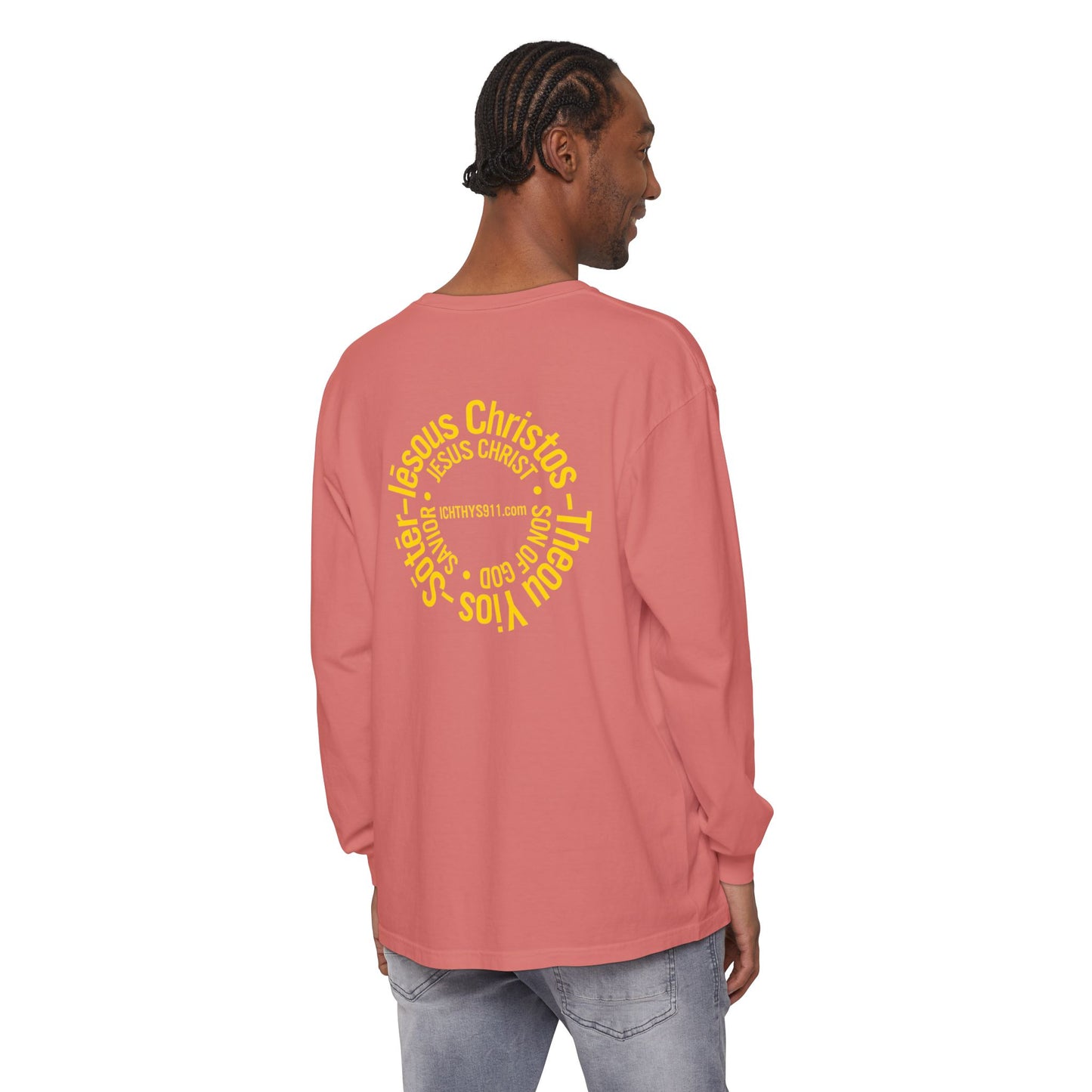 Authentic ICHTHYS 911 Collection -  Gold Font - Unisex Garment Dyed Long Sleeve T-Shirt - Men Long Sleeve - Women Long Sleeve - Christian Faith Symbol Tee - Faith Inspired