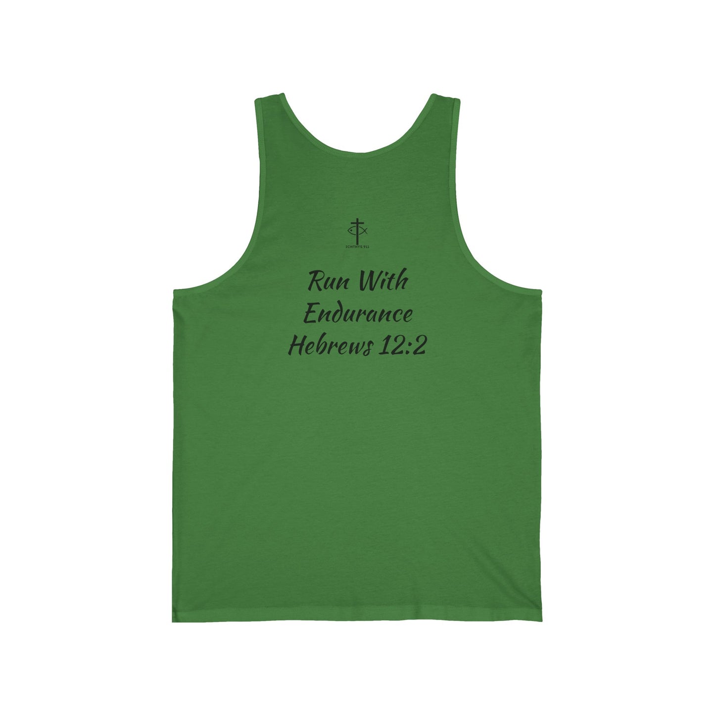 Run With Endurance T-Shirt – Hebrews 12:1 Inspirational Christian Tee - ICHTHYS 911 Unisex Jersey Tank Top - Casual Christian Symbol Graphic Tank Top