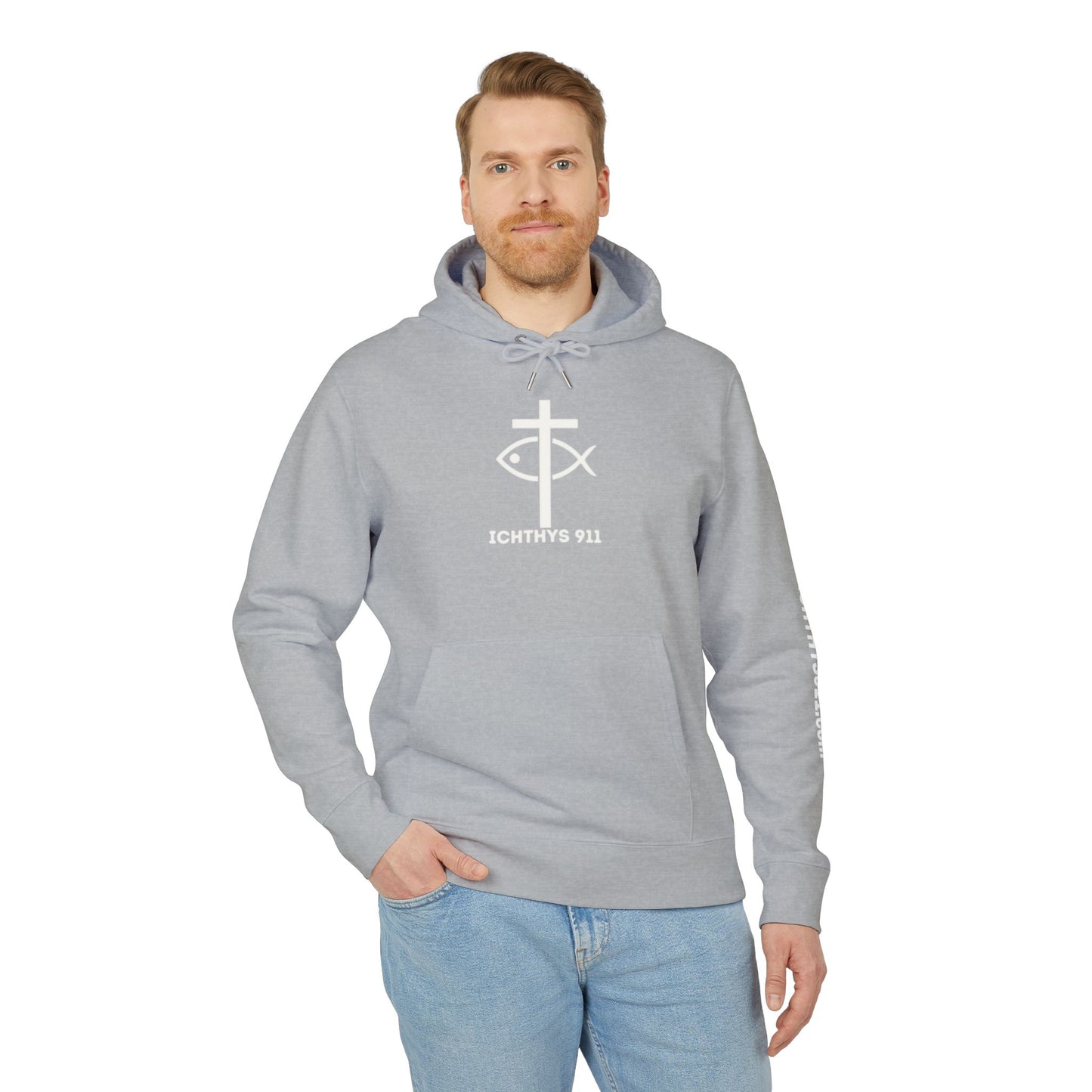 ICHTHYS 911 Hoodie – Unisex Pullover -White Font - Black Font on White - Heavy Fabric - ICHTHYS 911 Logo on Front & Back - 100% Organic