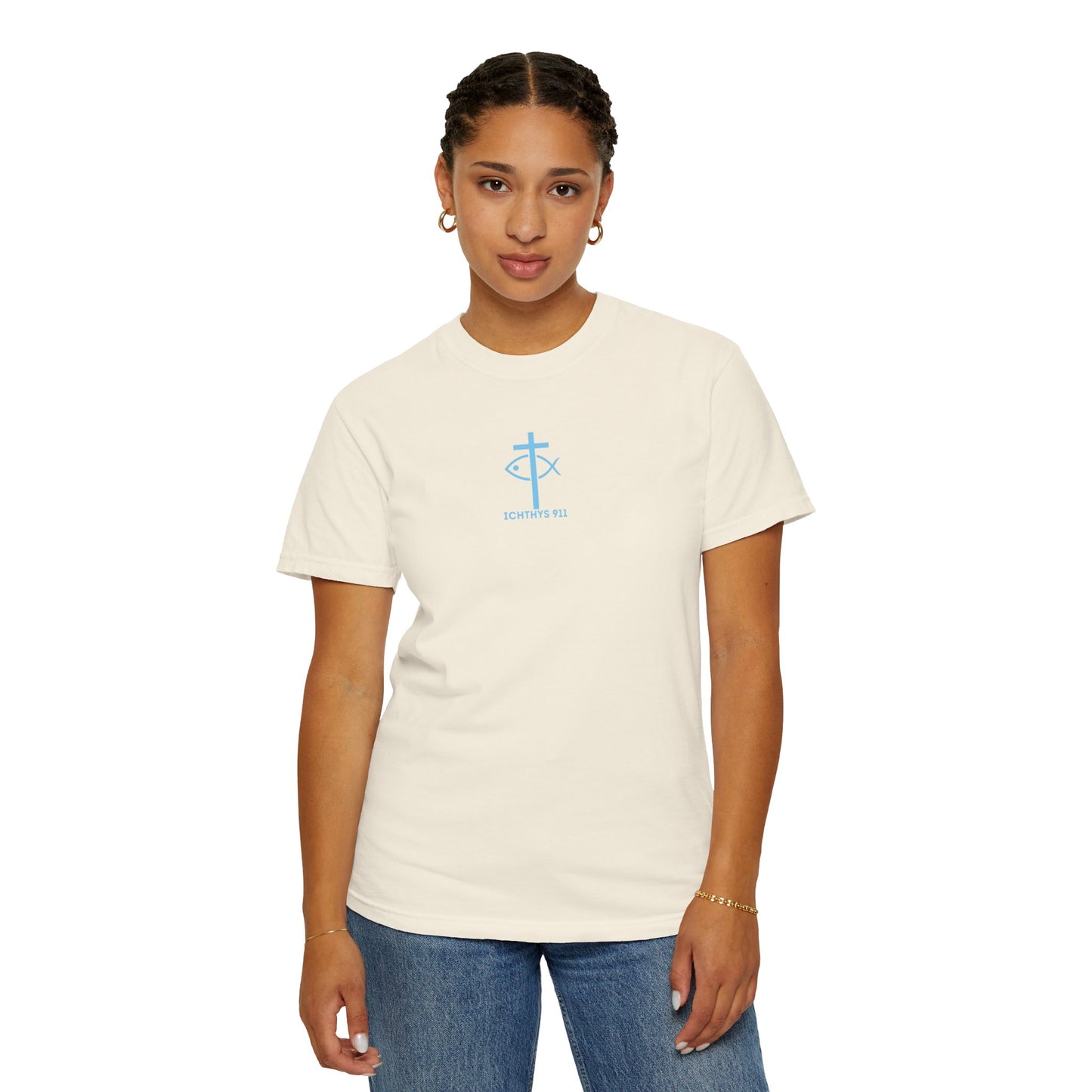 ICHTHYS 911 - Blue Font - Vendor - "Iēsous Christos, Theou Yios, Sōtēr" - Garment-Dyed Unisex T-Shirt - Men T-Shirt - Women T-Shirt - Christian Symbol - Greek - Faith Inspired -Christian Streetwear – Jesus Gym & Faith Fashion, Unisex Garment