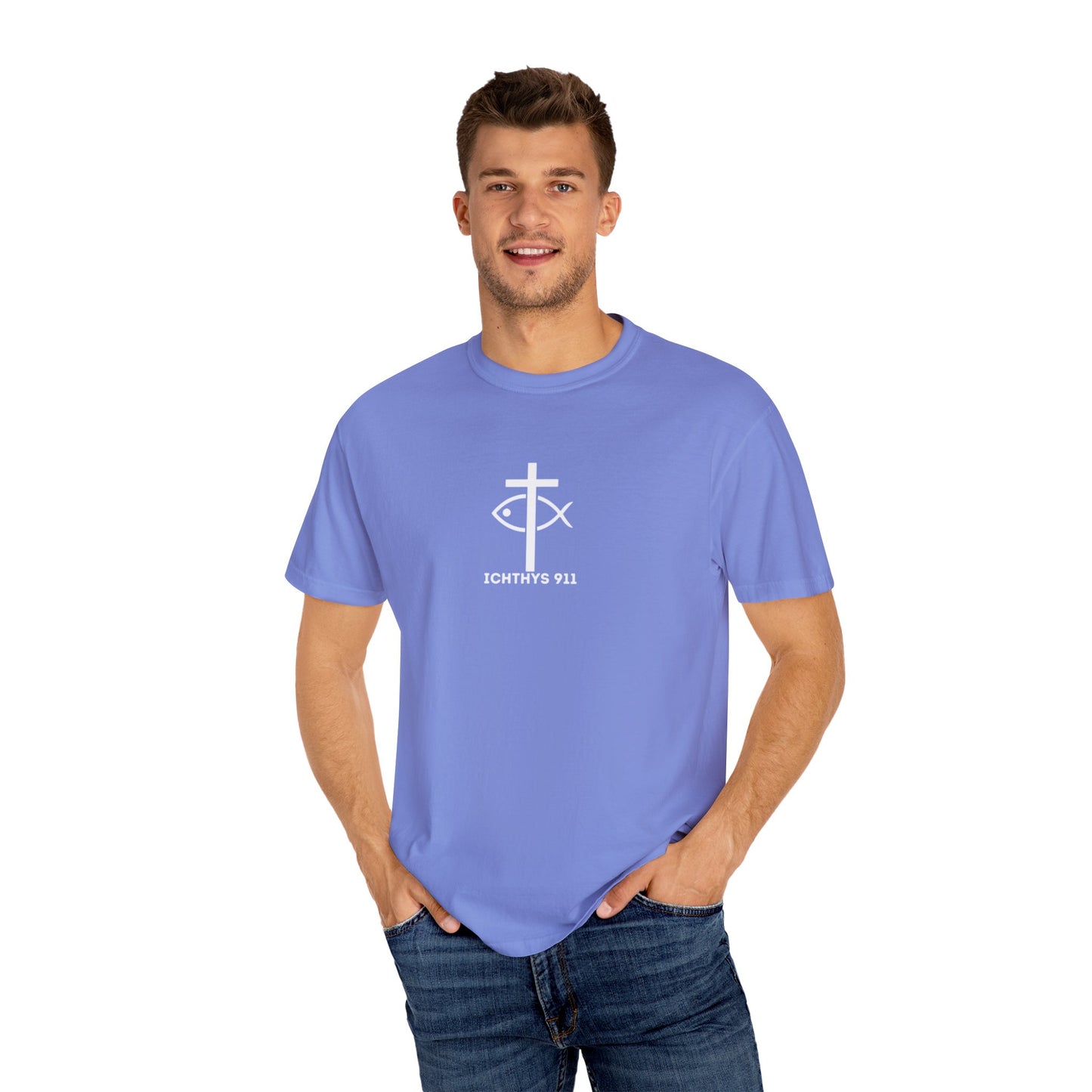ICHTHYS 911 - White Font "Faith, Hope, & Love" - Garment Dyed - 100% US Cotton - Unisex T-Shirt - Men T-Shirt - Christian Women Tee - Faith-Inspired Shirt - Christian Fashion - Wear Your Faith - Additional Colors