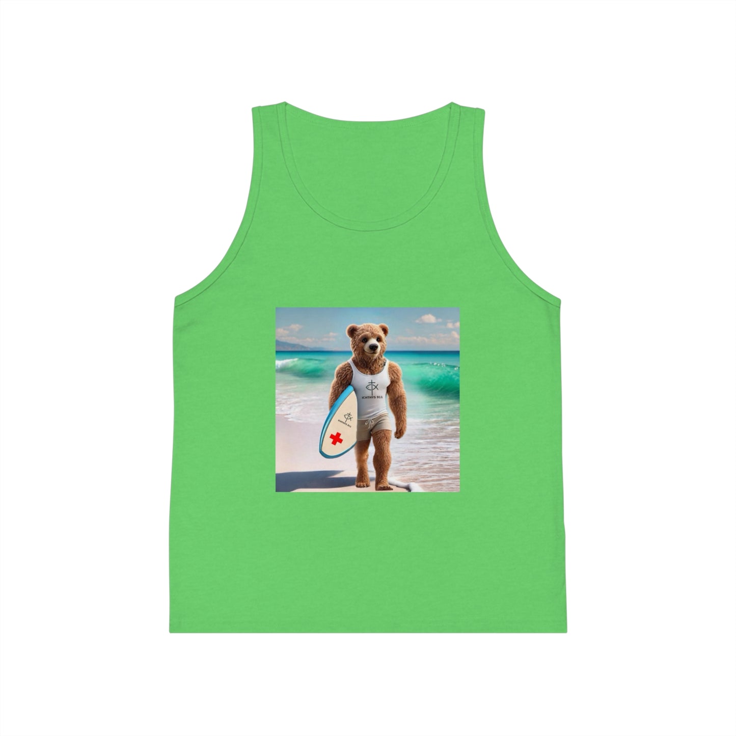 ICHTHYS 911 "Surfing Bear" - Youth Size - Kid's Jersey Tank Top - Fun Summer Attire for Adventures