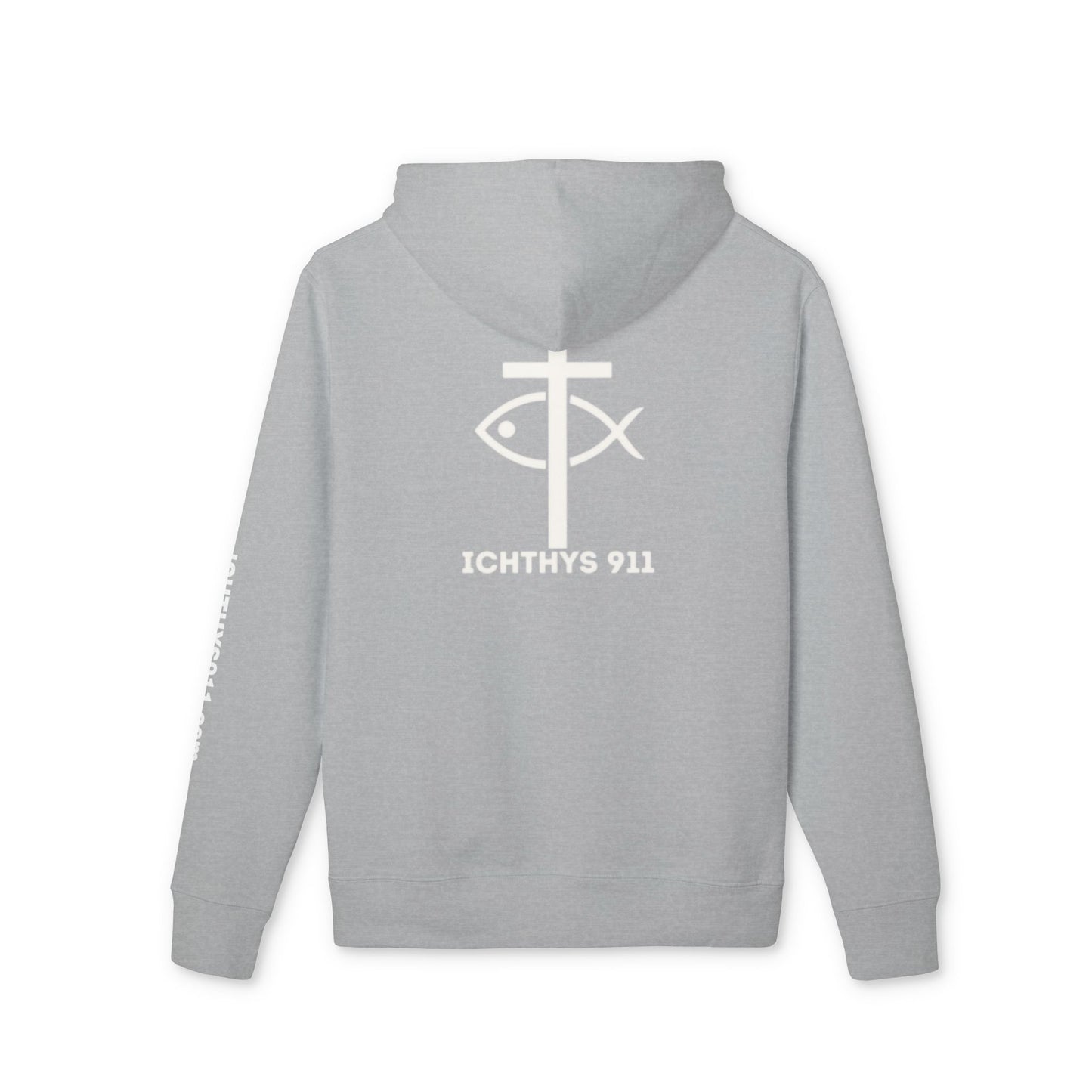 ICHTHYS 911 Hoodie – Unisex Pullover -White Font - Black Font on White - Heavy Fabric - ICHTHYS 911 Logo on Front & Back - 100% Organic