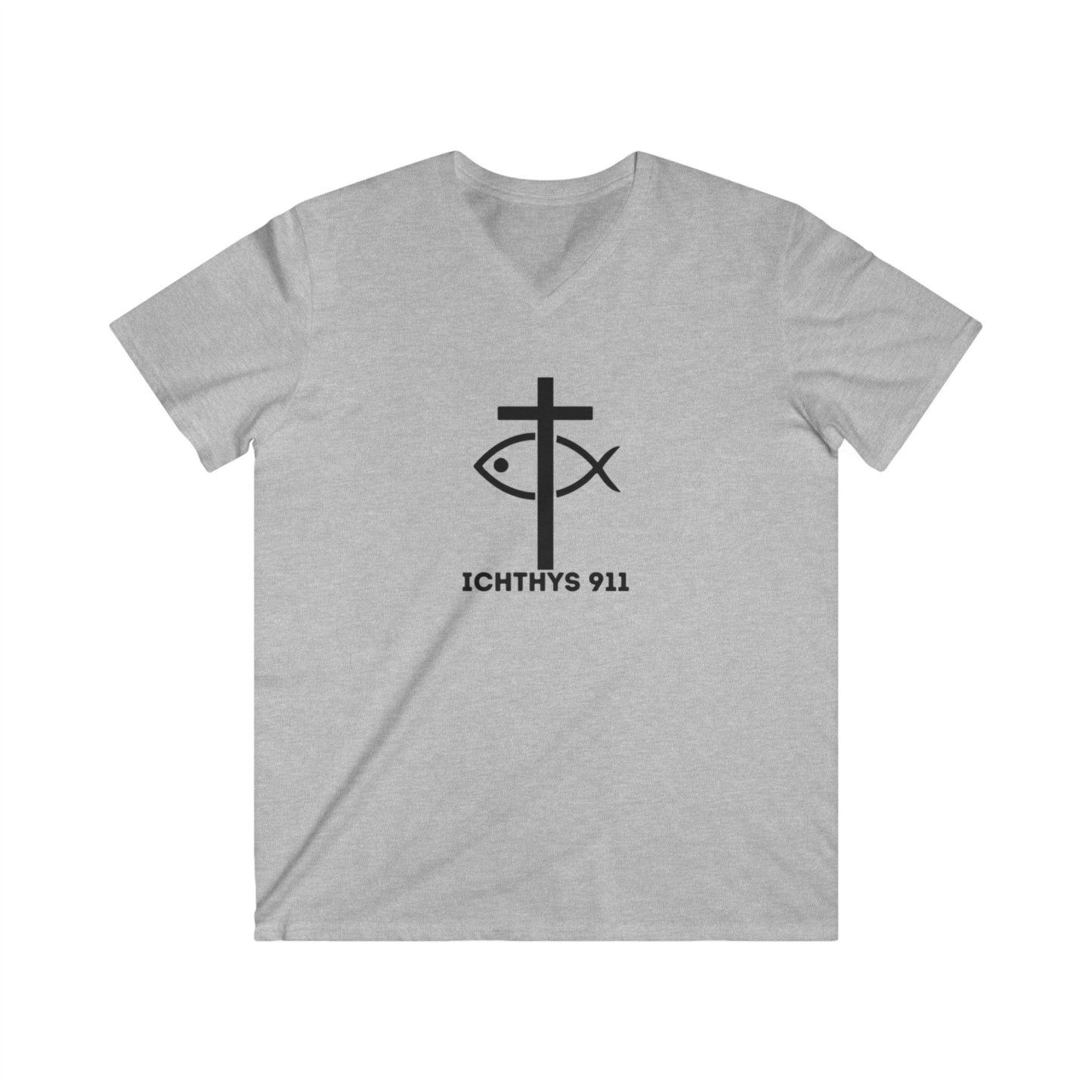 Authentic Collection -Black Font - Men's Fitted V-Neck Short Sleeve T - Shirt - Faith-Inspired featuring Christian Faith - ICHTHYS 911 - Christian Fashion - Faith Fashion
