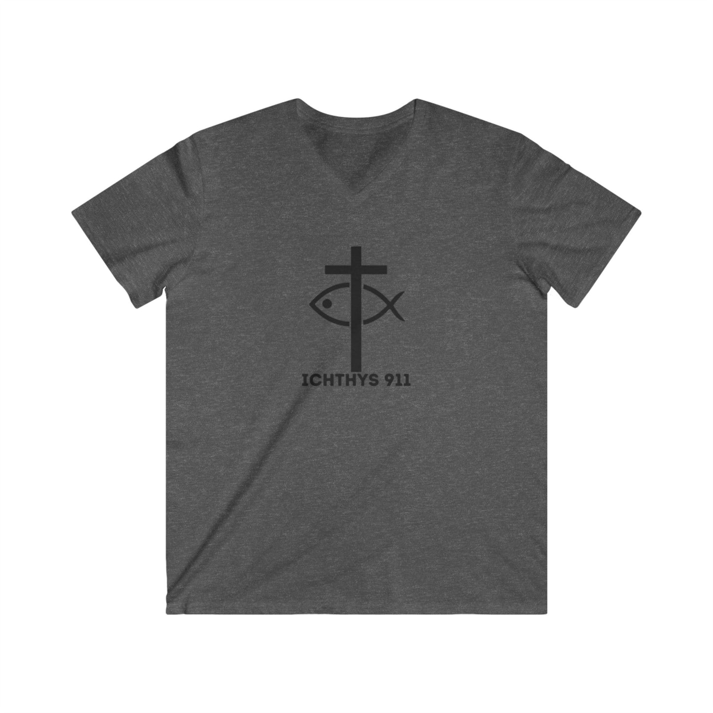 Authentic Collection -Black Font - Men's Fitted V-Neck Short Sleeve T - Shirt - Faith-Inspired featuring Christian Faith - ICHTHYS 911 - Christian Fashion - Faith Fashion